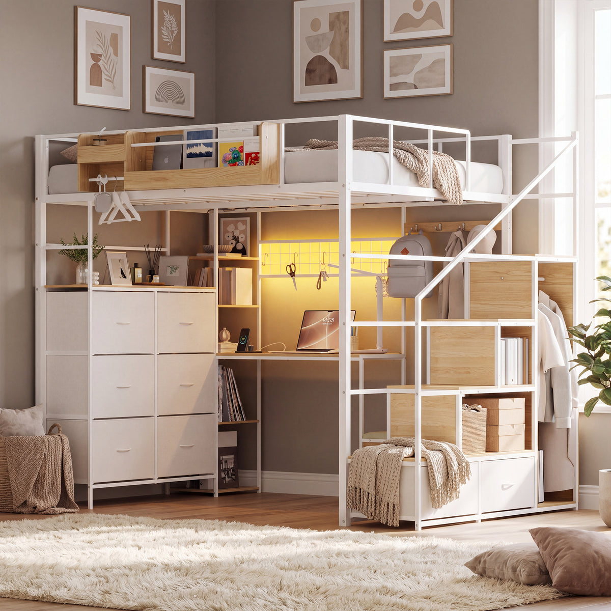 Advwin Loft Bed w/ Storage Stairs & 6-Drawer Dresser