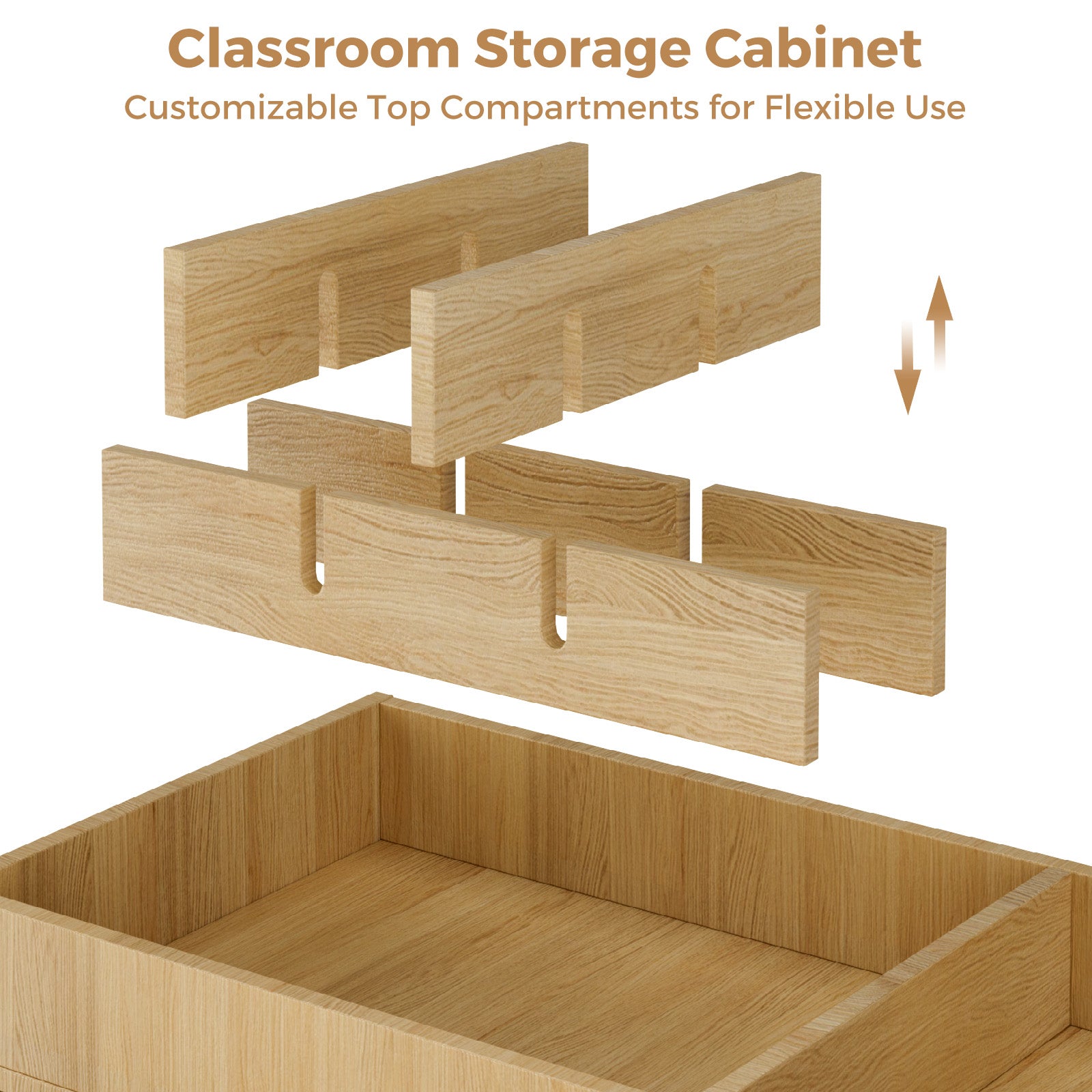Wooden classroom storage cabinet with customizable top compartments on a white background