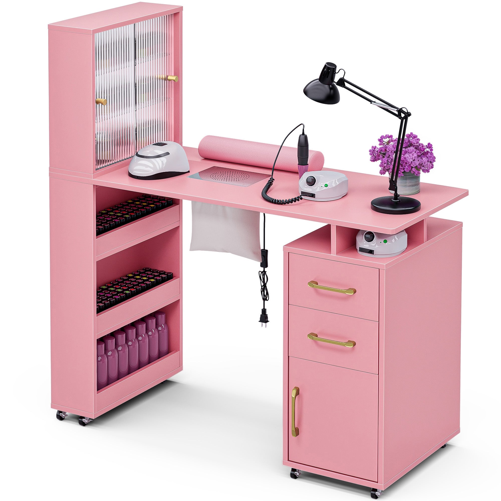 Advwin Manicure Table with Glass Door Cabinets & Wheels