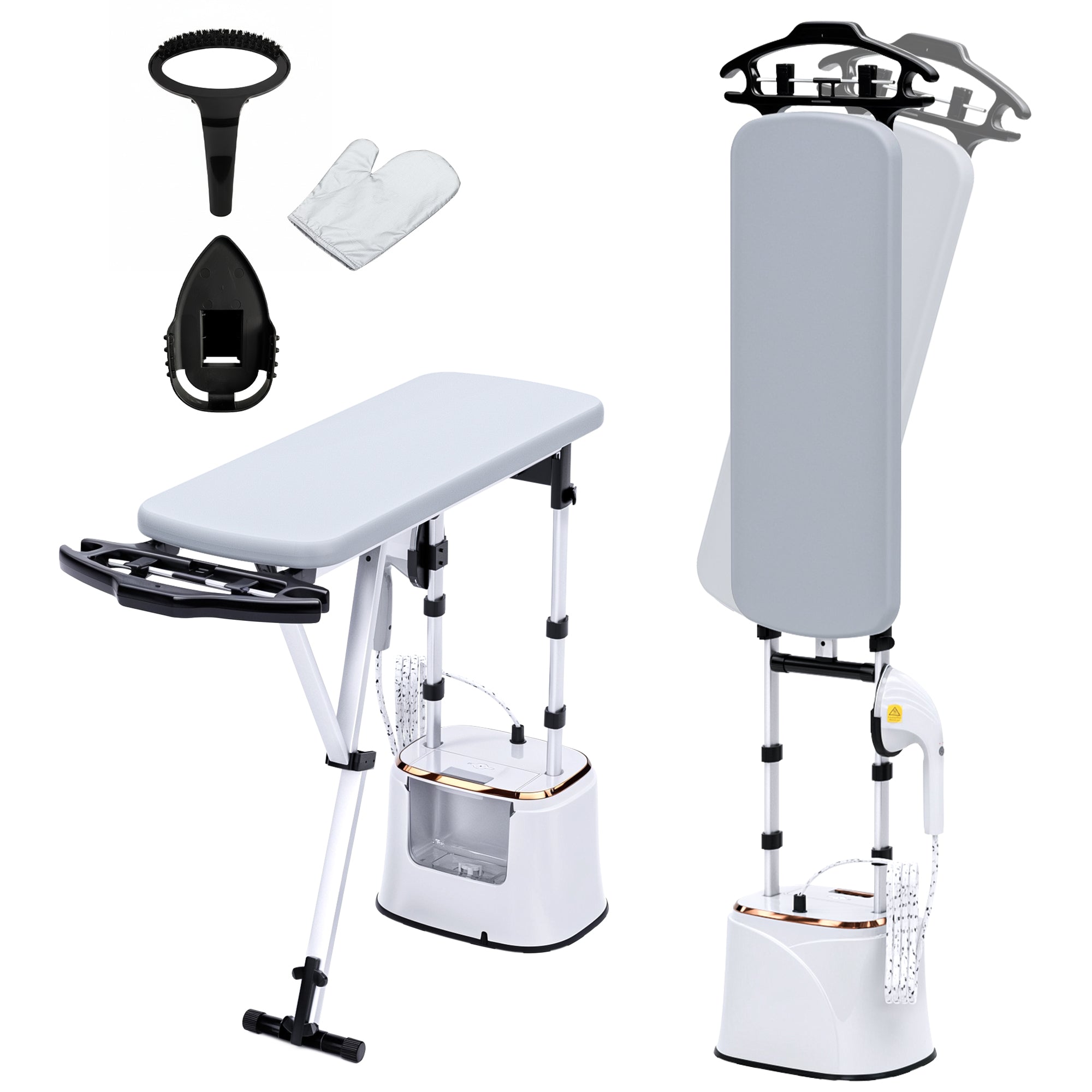 Set of ironing board, presser foot, gloves, and other accessories on a white background