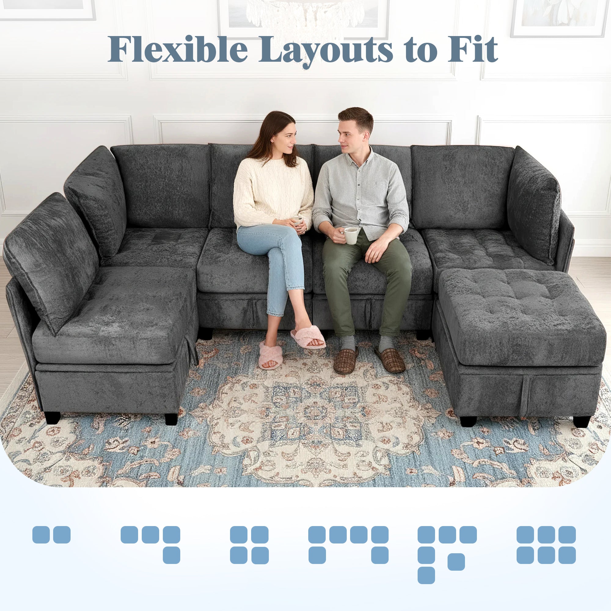 Gray sectional sofa with people sitting on it, text 'Flexible Layouts to Fit' above.