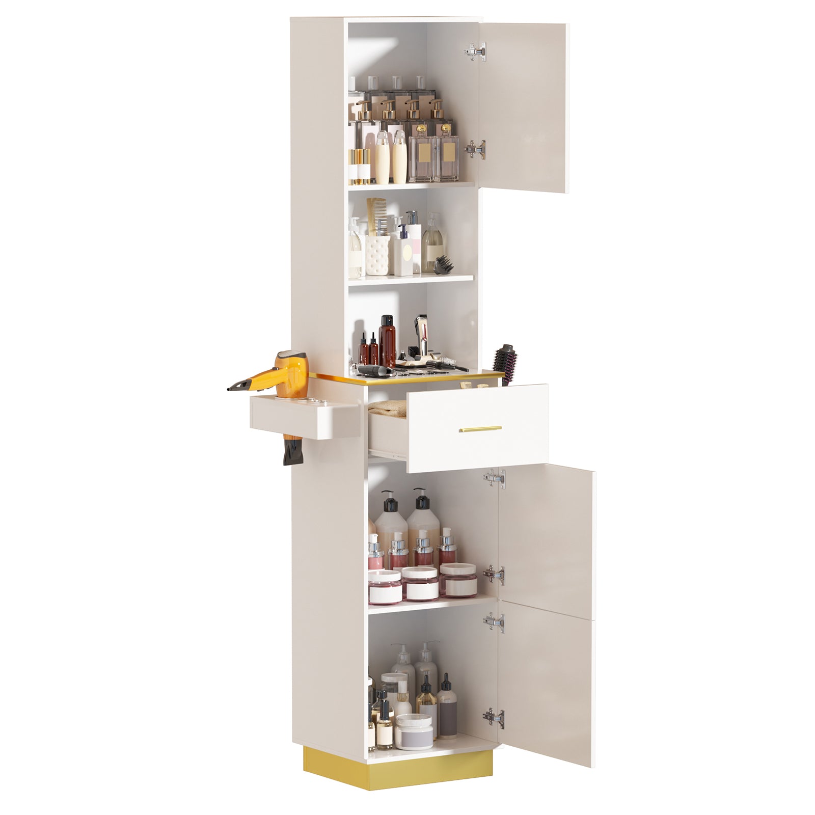White and yellow cabinet with cosmetic products on a white background