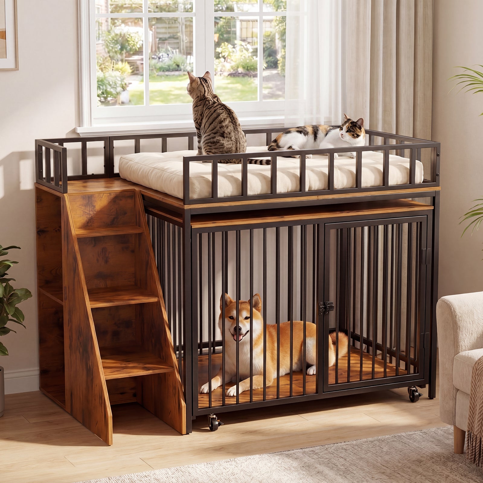 Advwin 37" Loft-Style Dog Crate with Storage Shelves