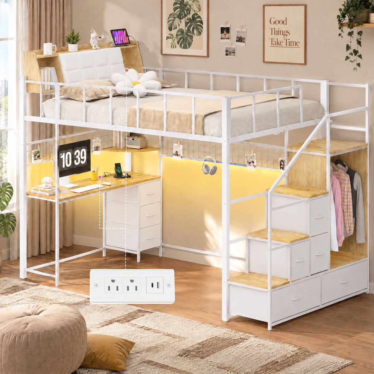 Advwin Loft Bed with Storage Headboard & Power Outlets