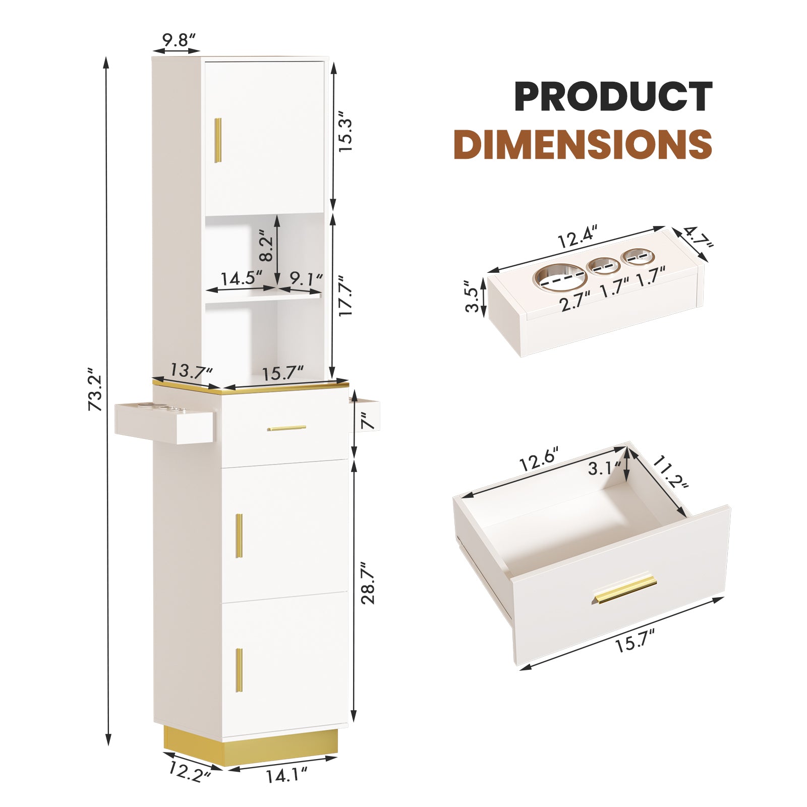 Product dimensions chart for a white and gold shelf unit with various measurements.