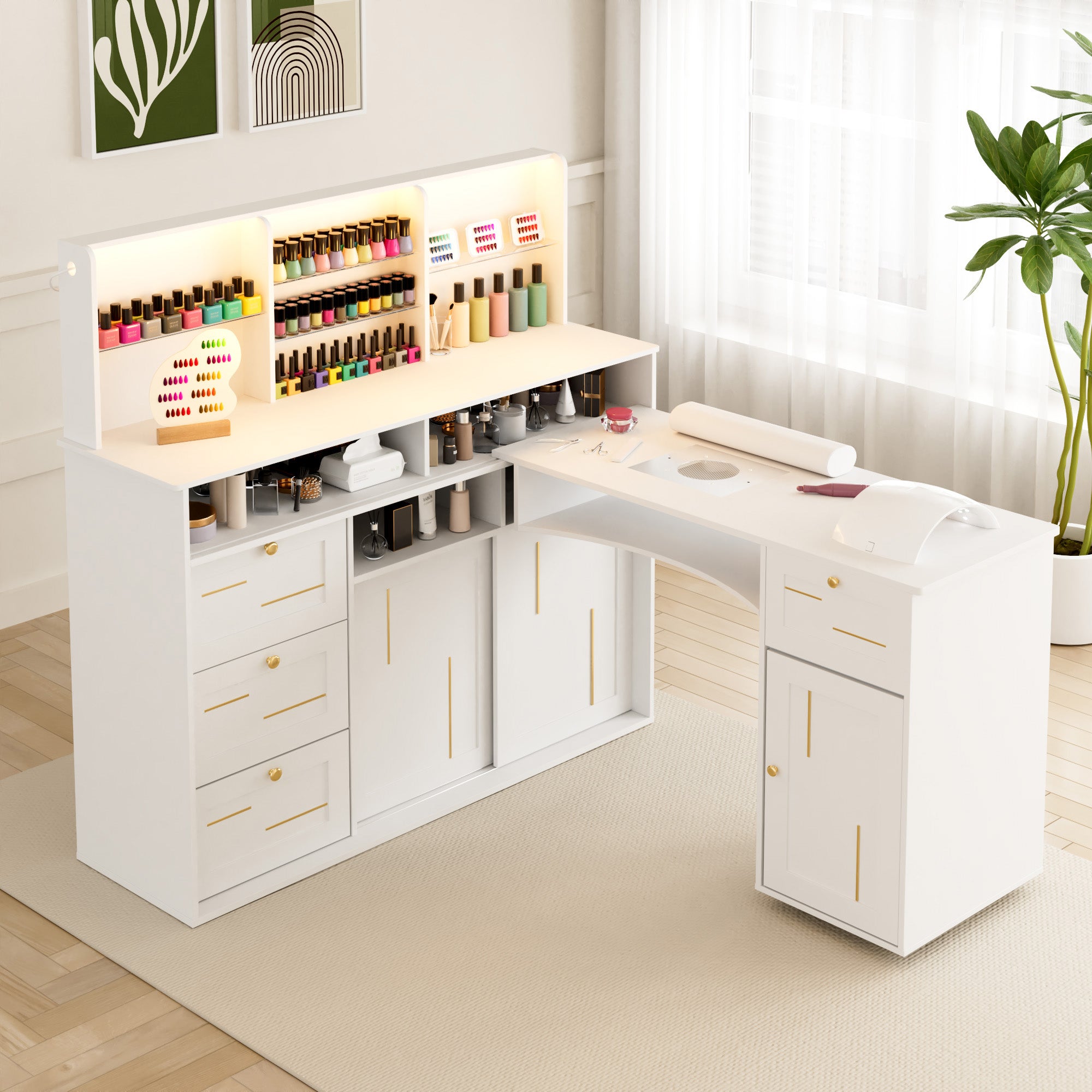 White nail salon station with nail polish bottles and tools in a well-lit room.