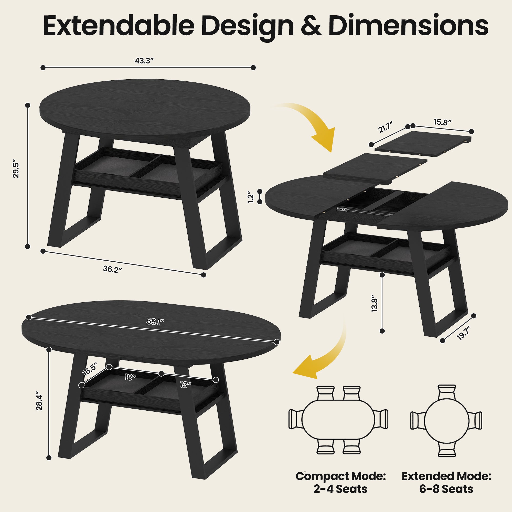 Advwin 43"-59" Extendable Round Dining Table for 4-8