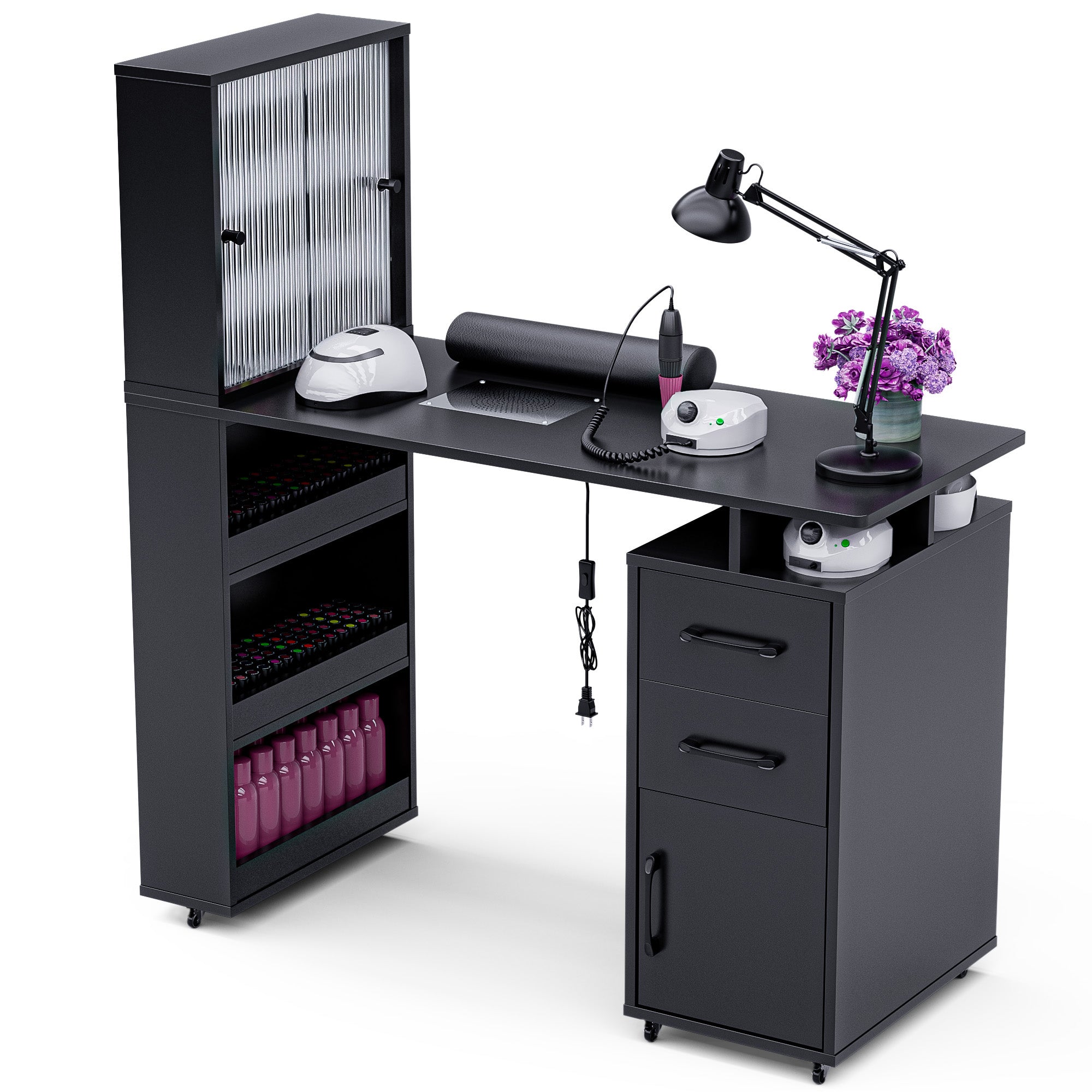 Advwin Manicure Table with Glass Door Cabinets & Wheels