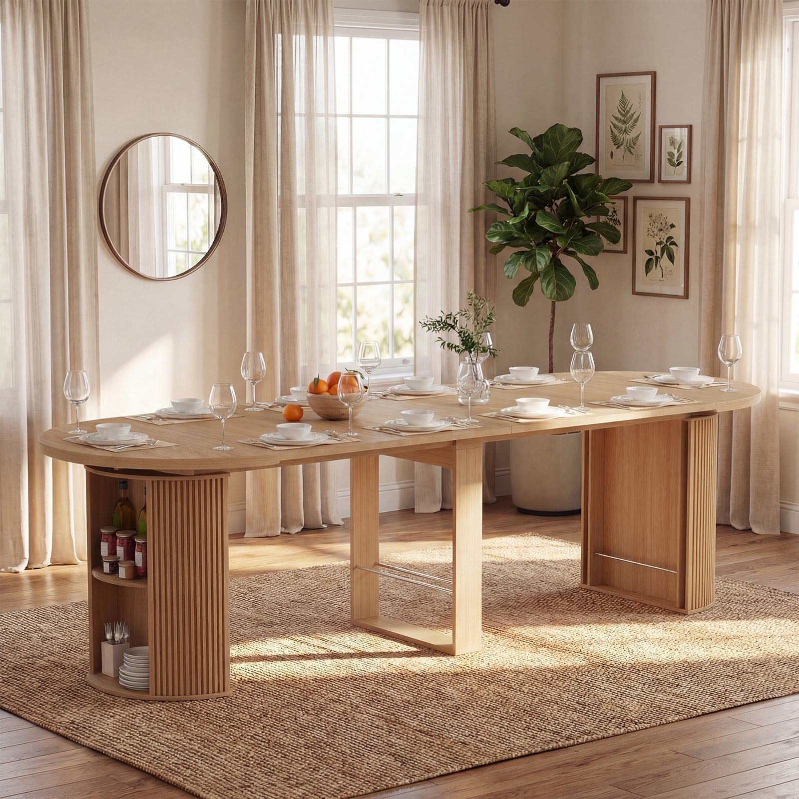 Dining table set in a bright room with large windows and decorative elements.