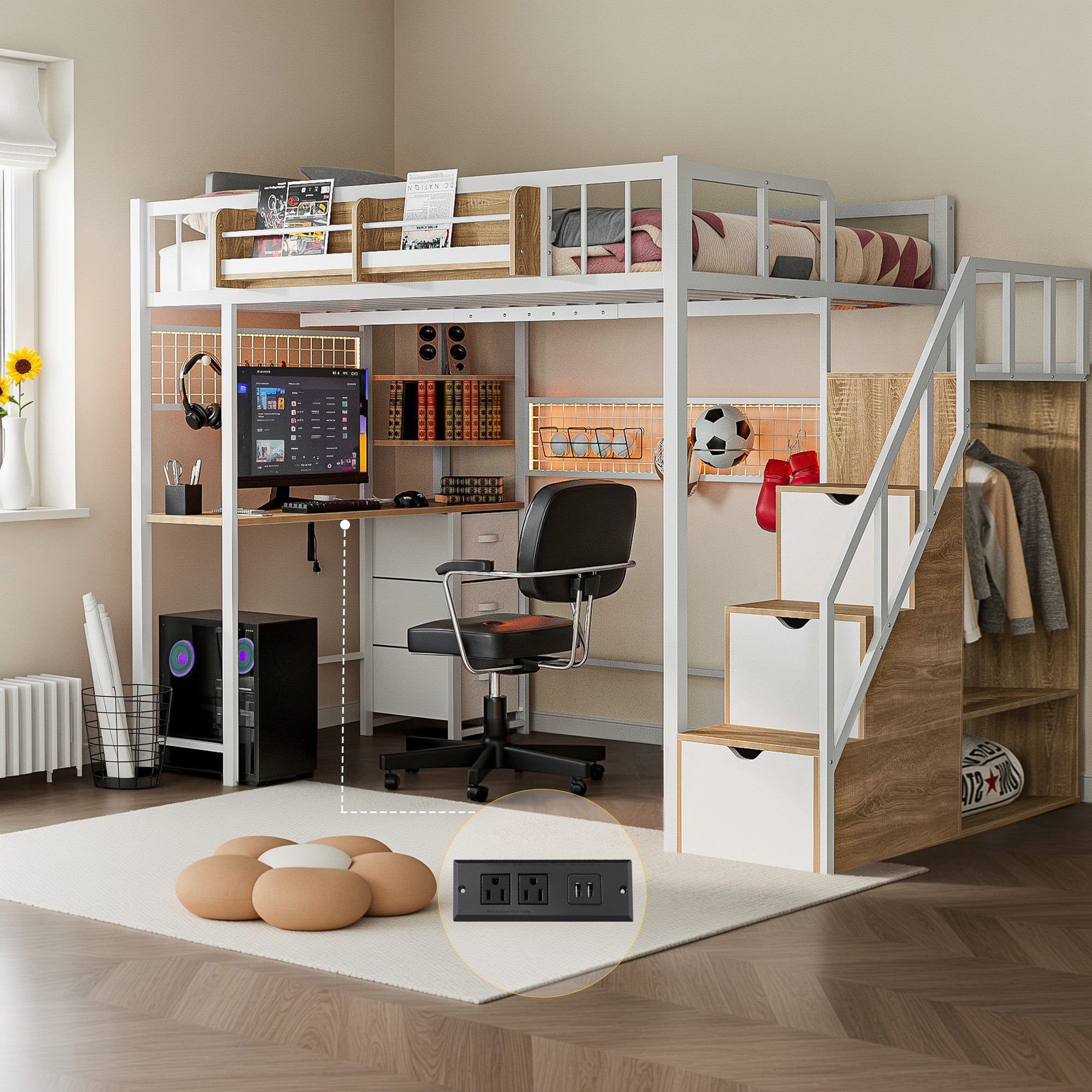 Advwin Loft Bed with Desk and Stairs