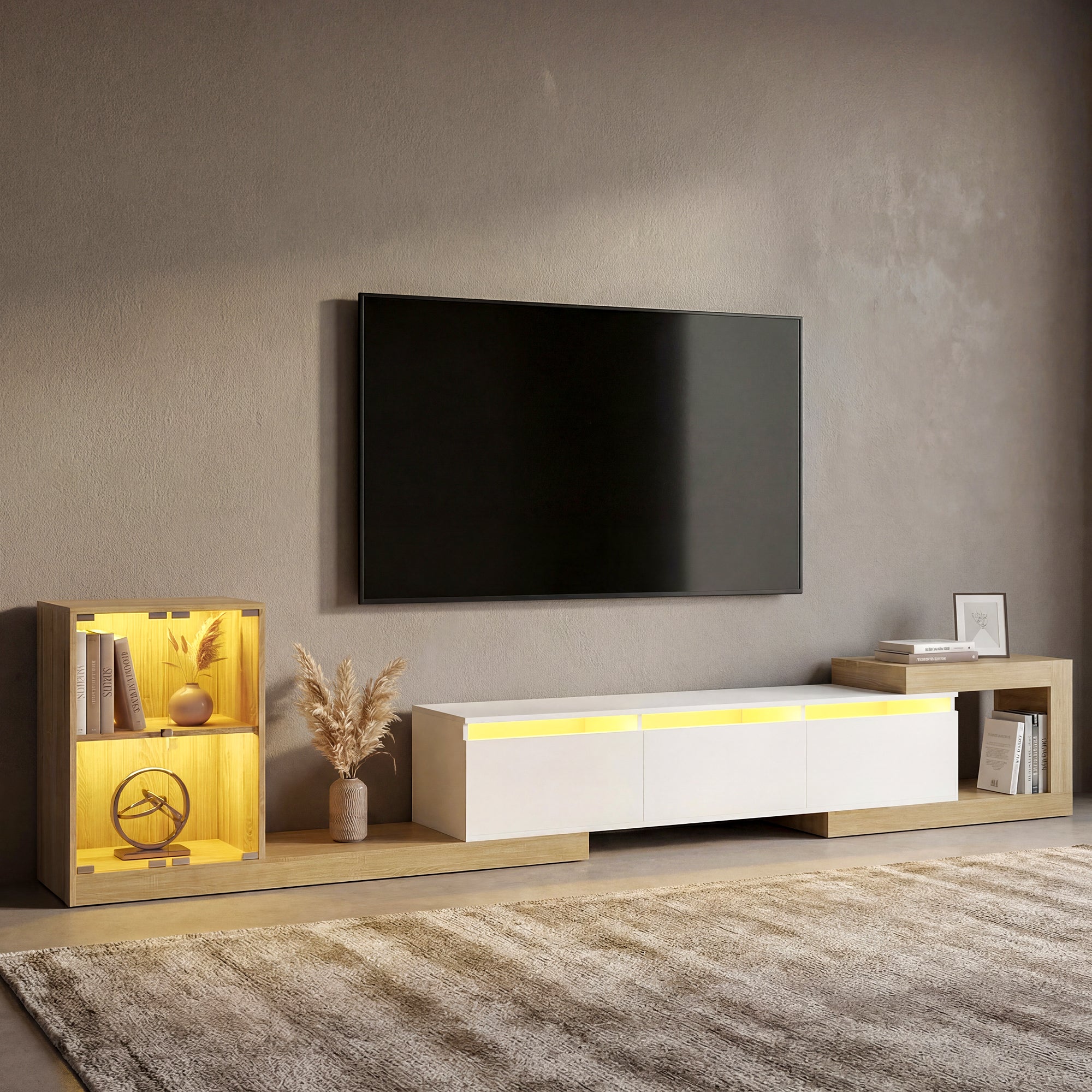 Advwin Extendable TV Stand with Glass Cabinet