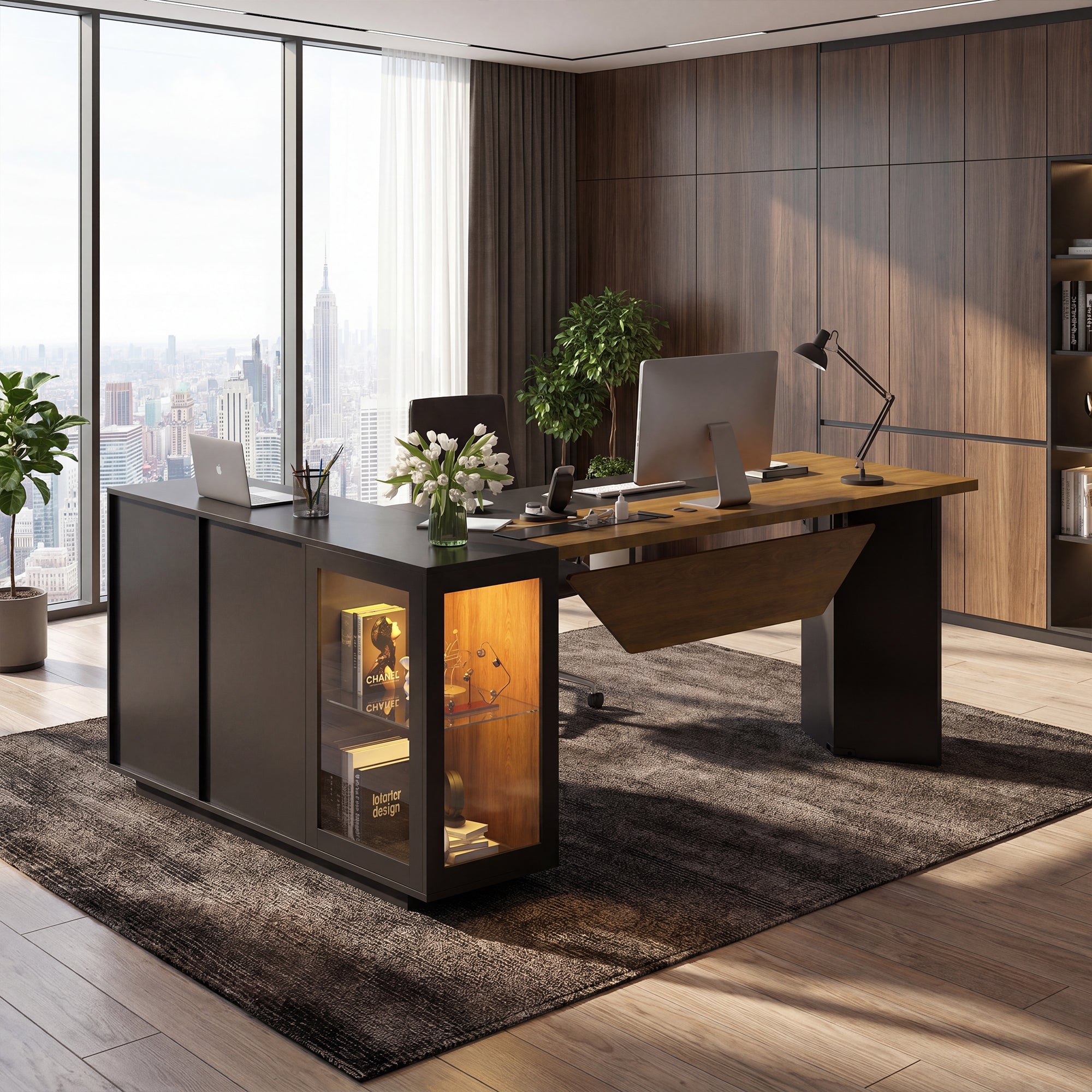Advwin L-Shaped Executive Desk w/ Glass Display Cabinet