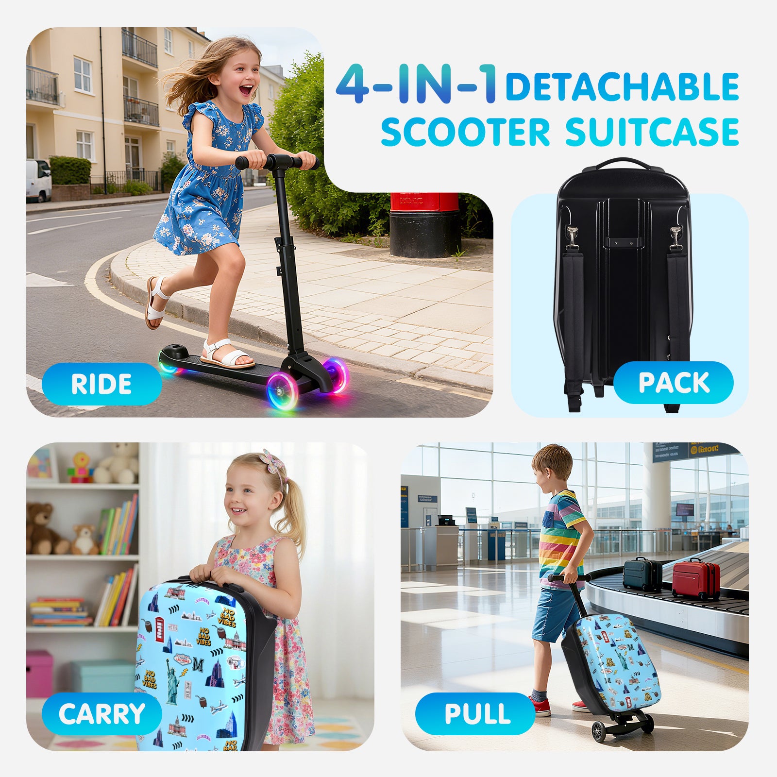 Advwin 4-in-1 Detachable Scooter Suitcase for Kids