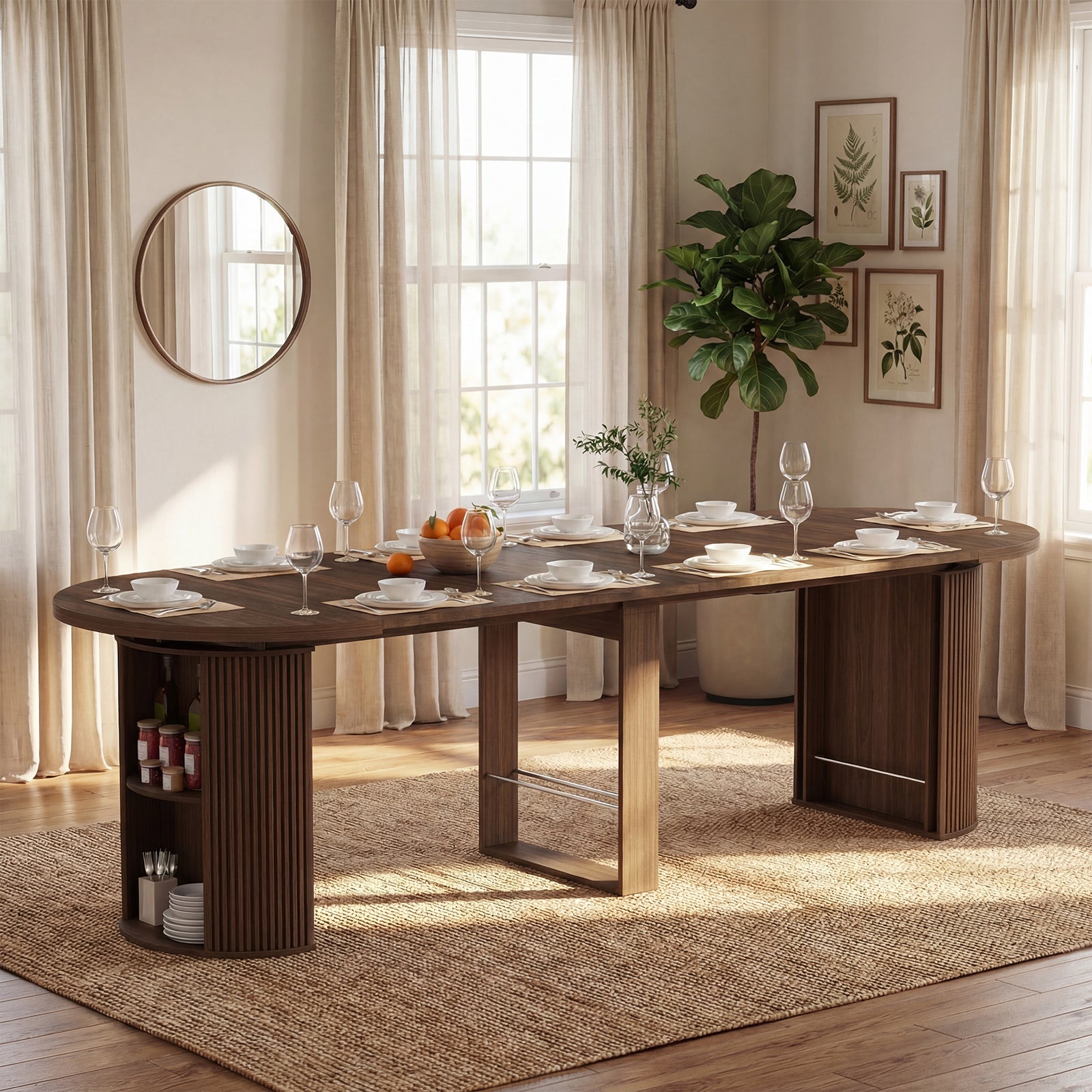 Dining room with a large wooden table set for a meal, surrounded by curtains and decor.