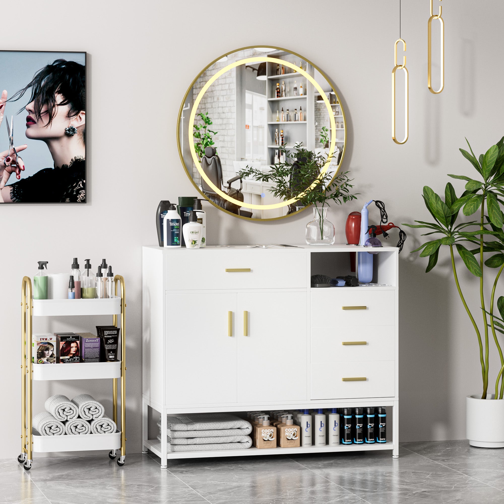 Modern bathroom with white vanity, round mirror, and various toiletries.