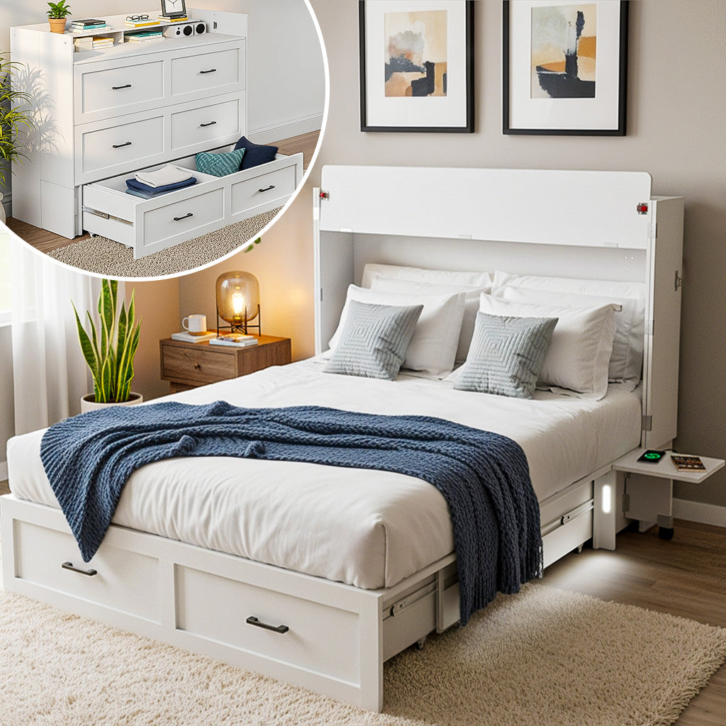 White storage bed with drawers in a bedroom setting