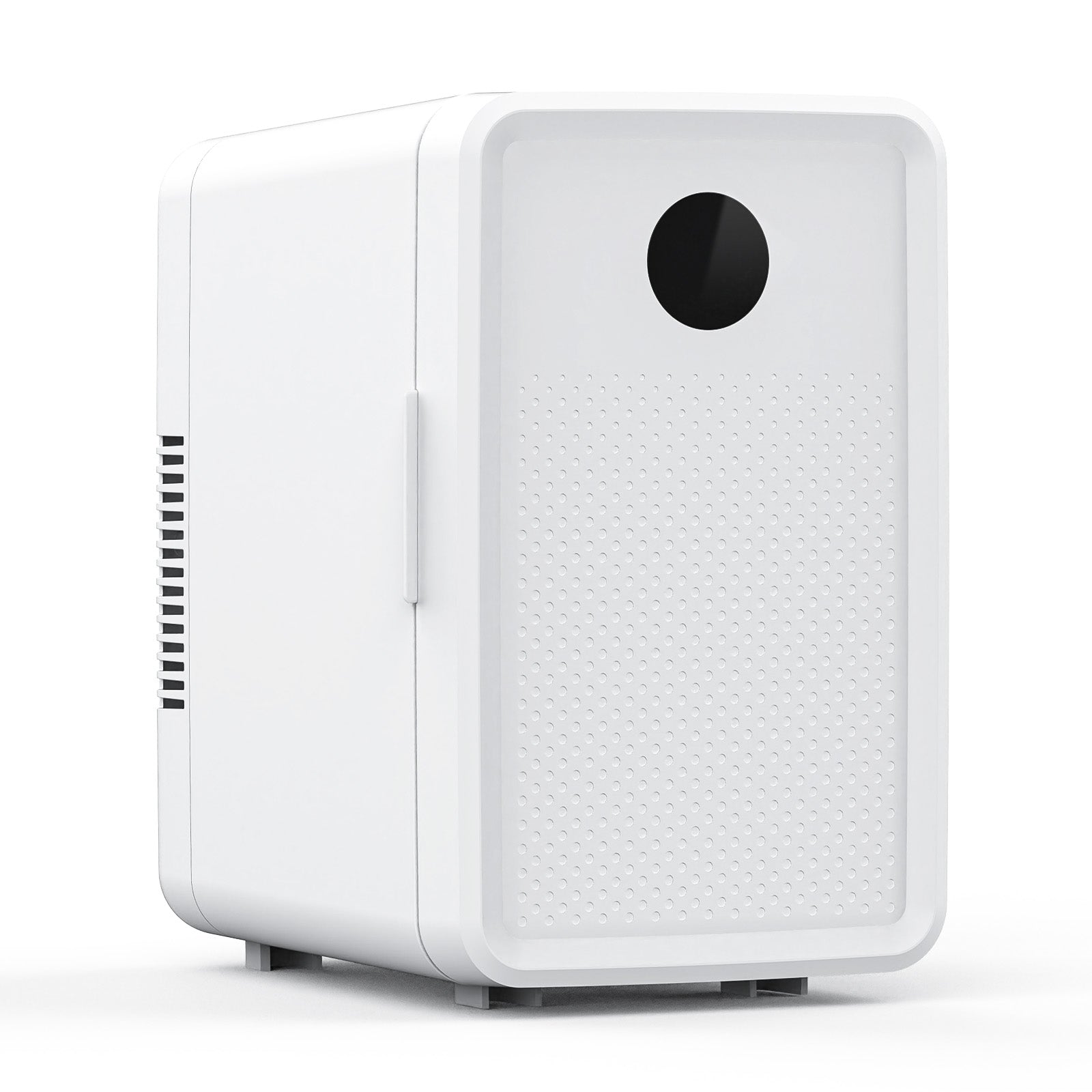 White air purifier with a black circular feature on a white background
