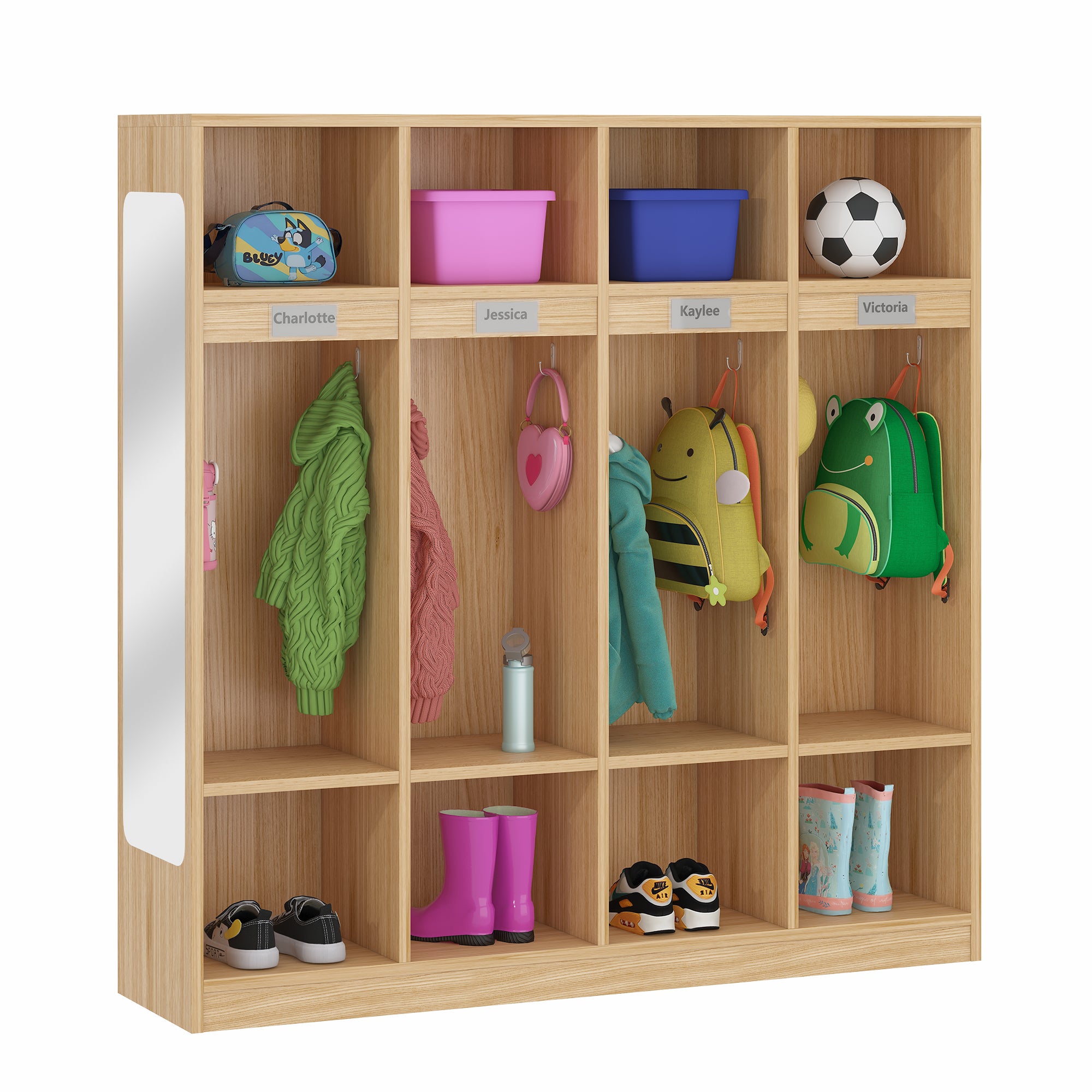 Wooden locker with labeled compartments containing children's items on a white background