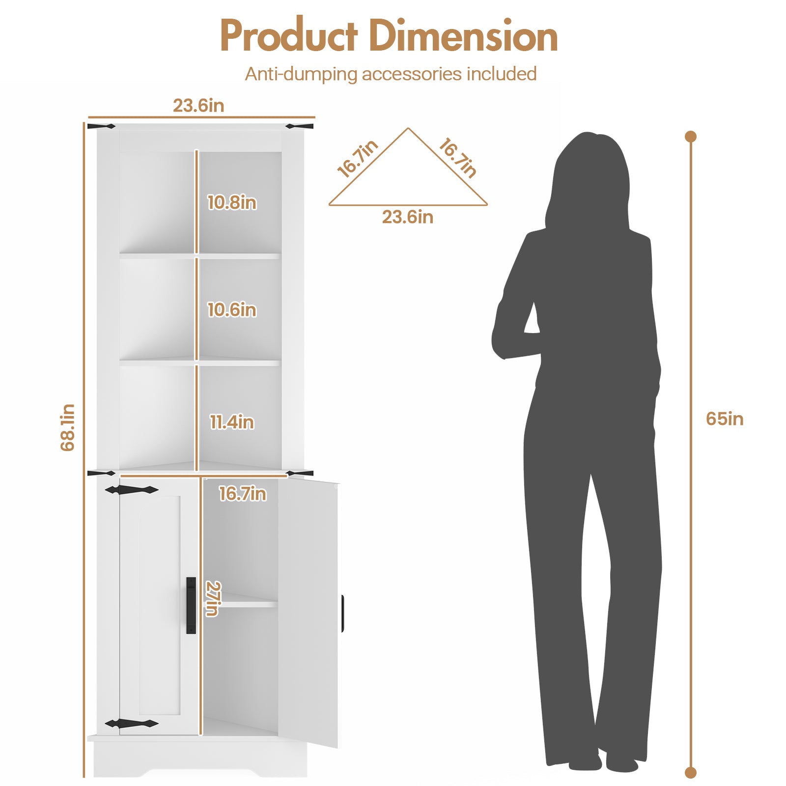 Advwin Corner Storage Cabinet  2 Doors 68" Tall