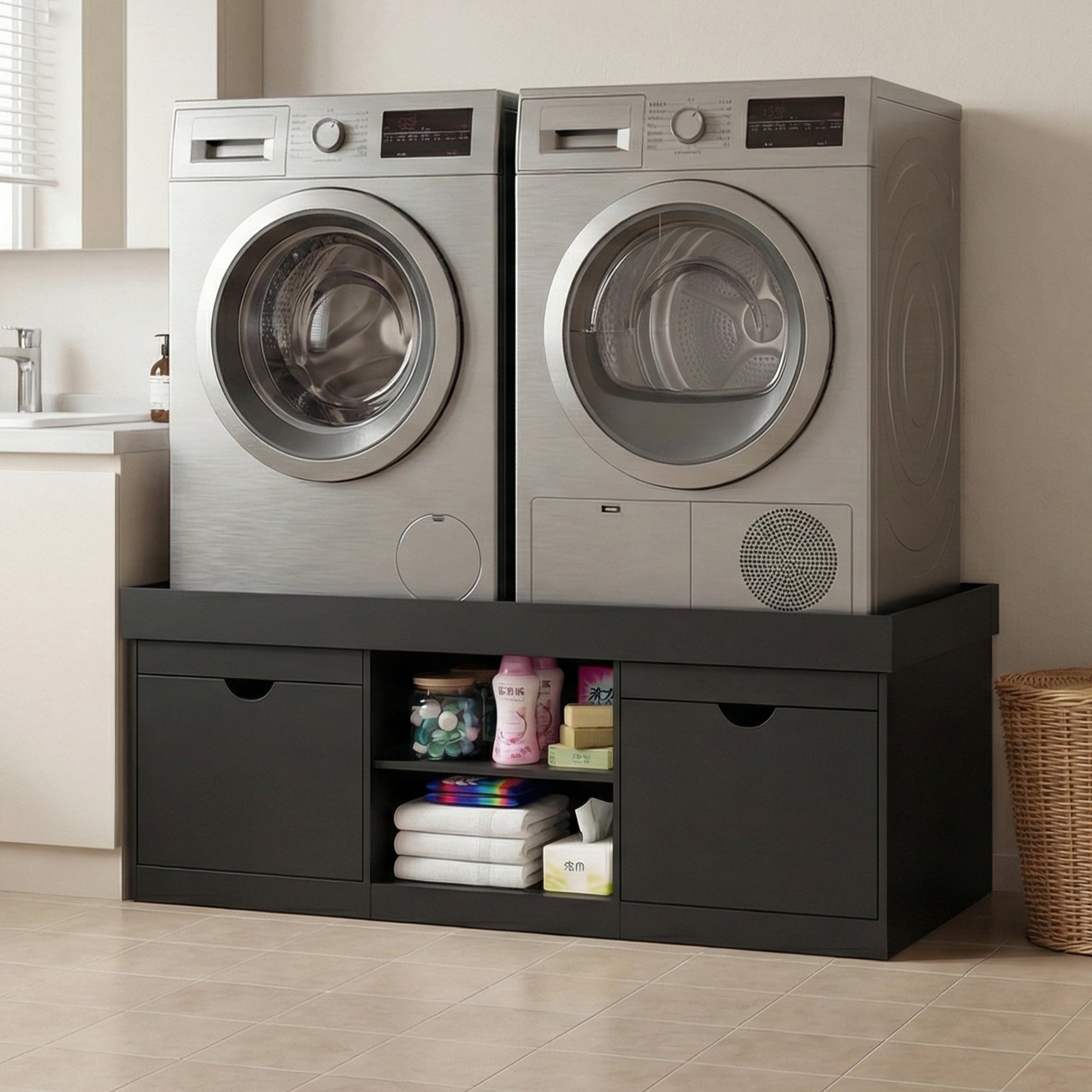 Washing machine and dryer with a black storage unit in a laundry room.