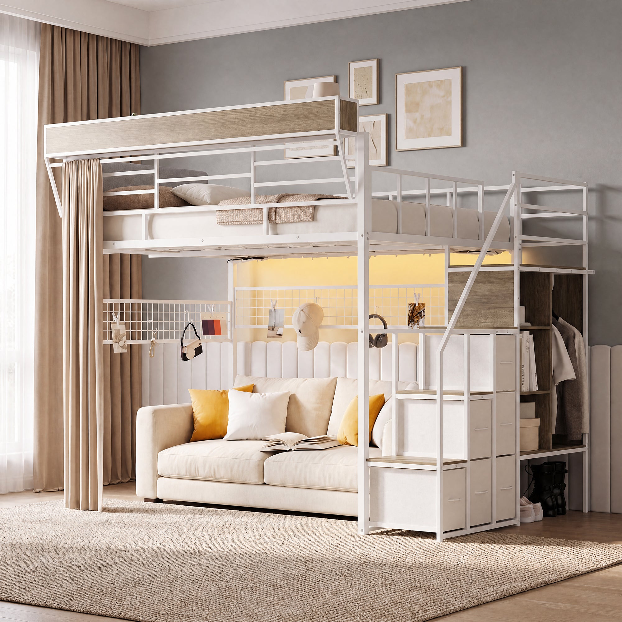 Advwin Loft Bed w/ Stairs, Storage and LED Light
