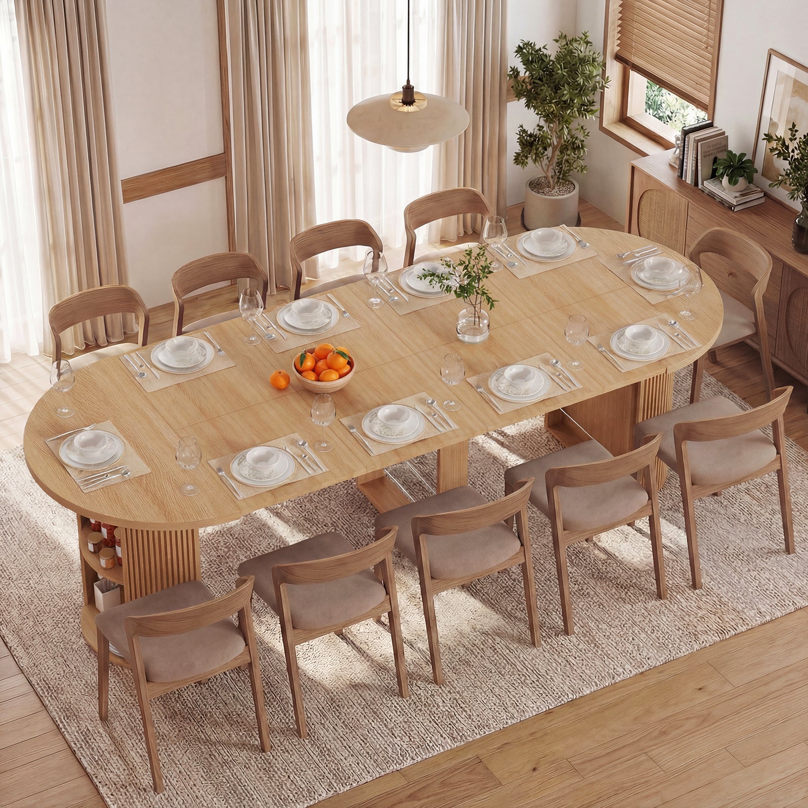 Dining room with a wooden table set for eight people, featuring plates, glasses, and a bowl of fruit.