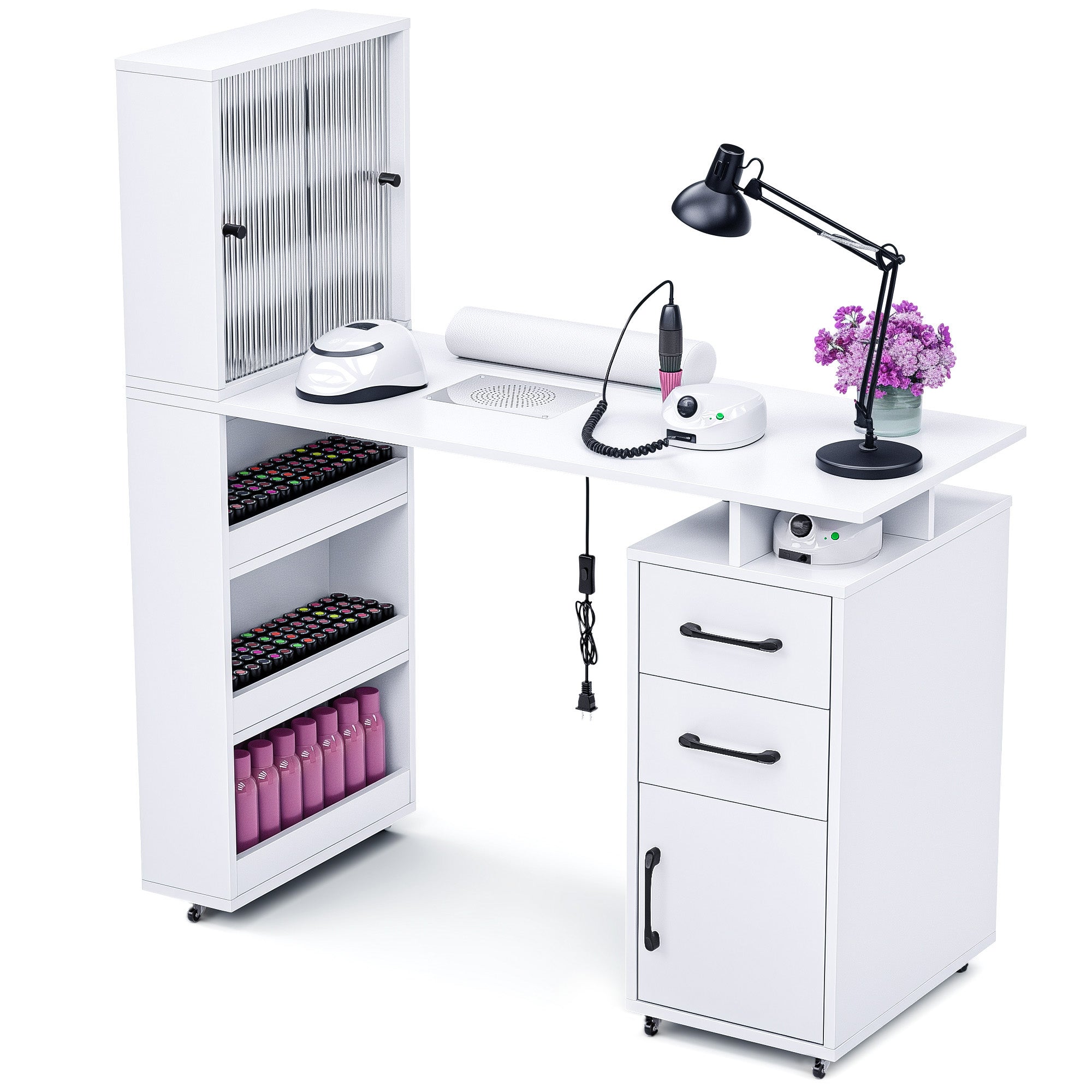 Advwin Manicure Table with Glass Door Cabinets & Wheels