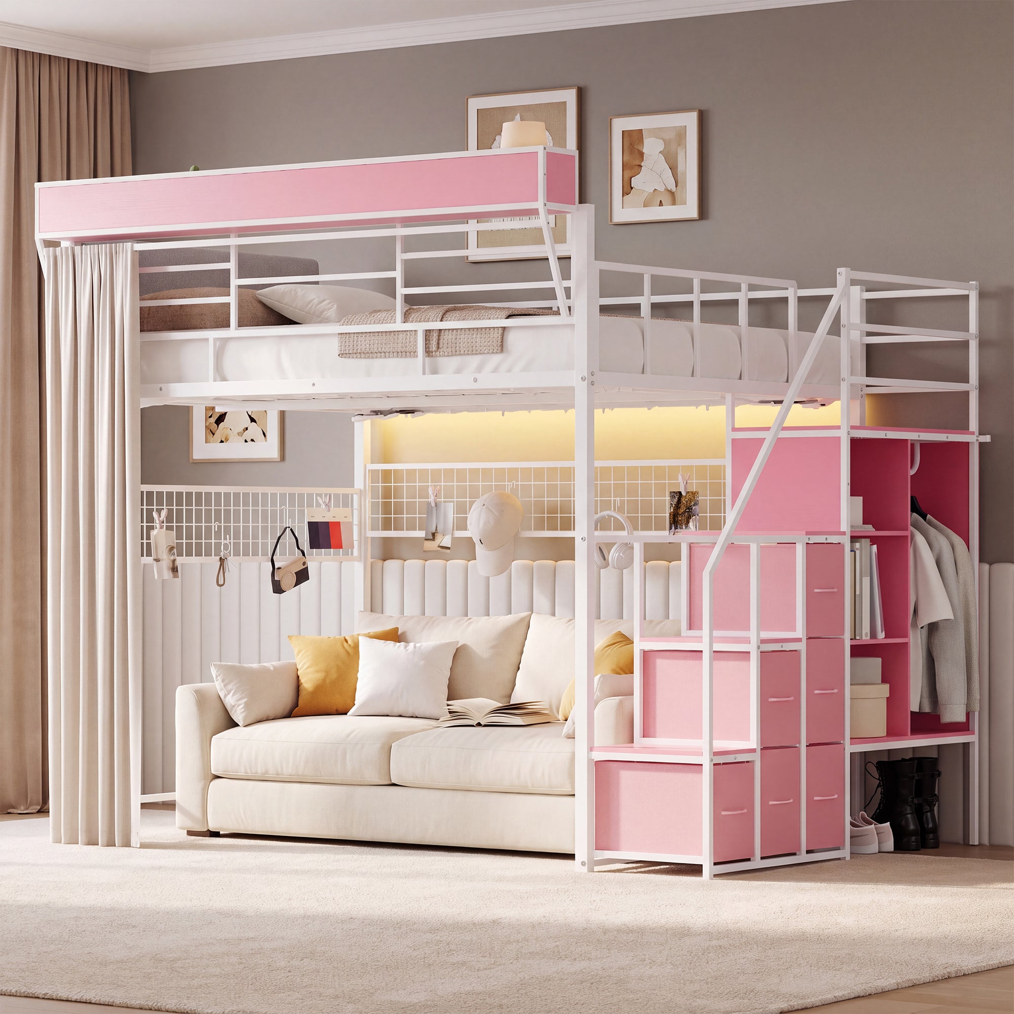 Advwin Loft Bed w/ Stairs, Storage and LED Light