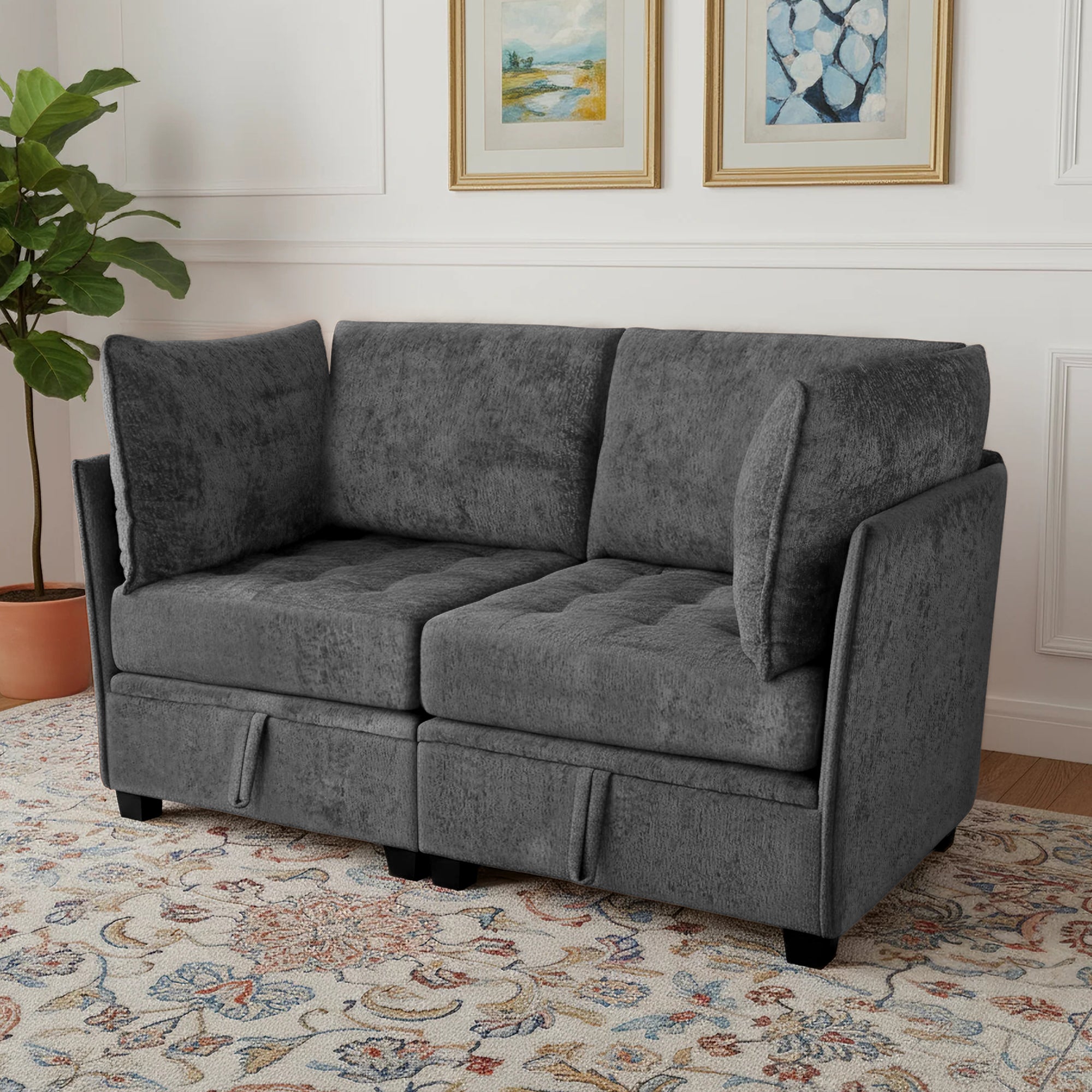 Gray sofa in a living room with decorative elements