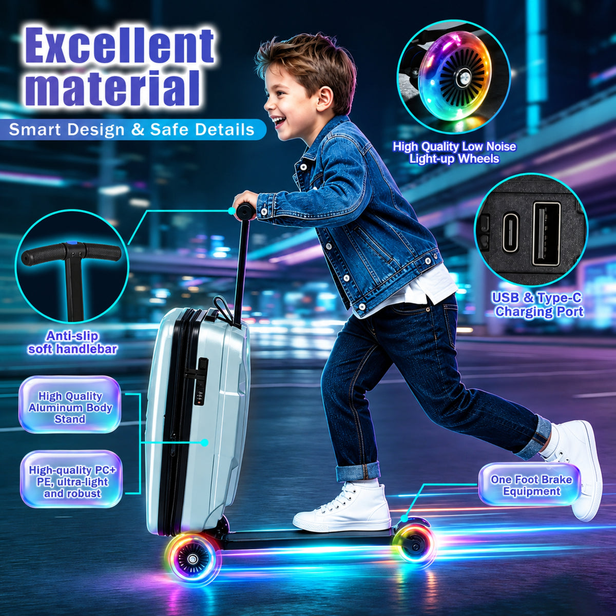 Advwin Expandable Scooter Suitcase for Kids w/ LED Wheel