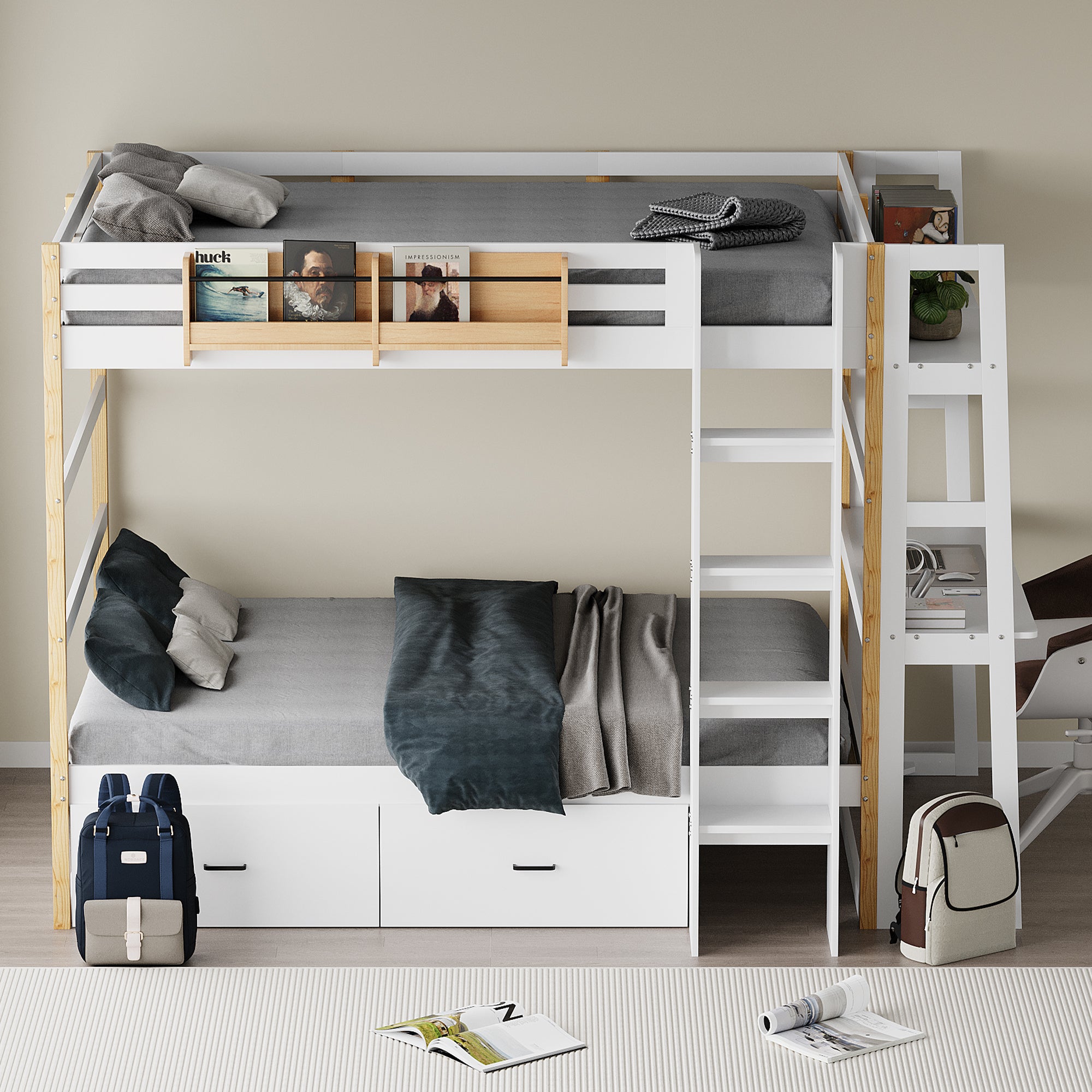 Advwin Solid Wood Bunk Bed with Desk & LED Lights