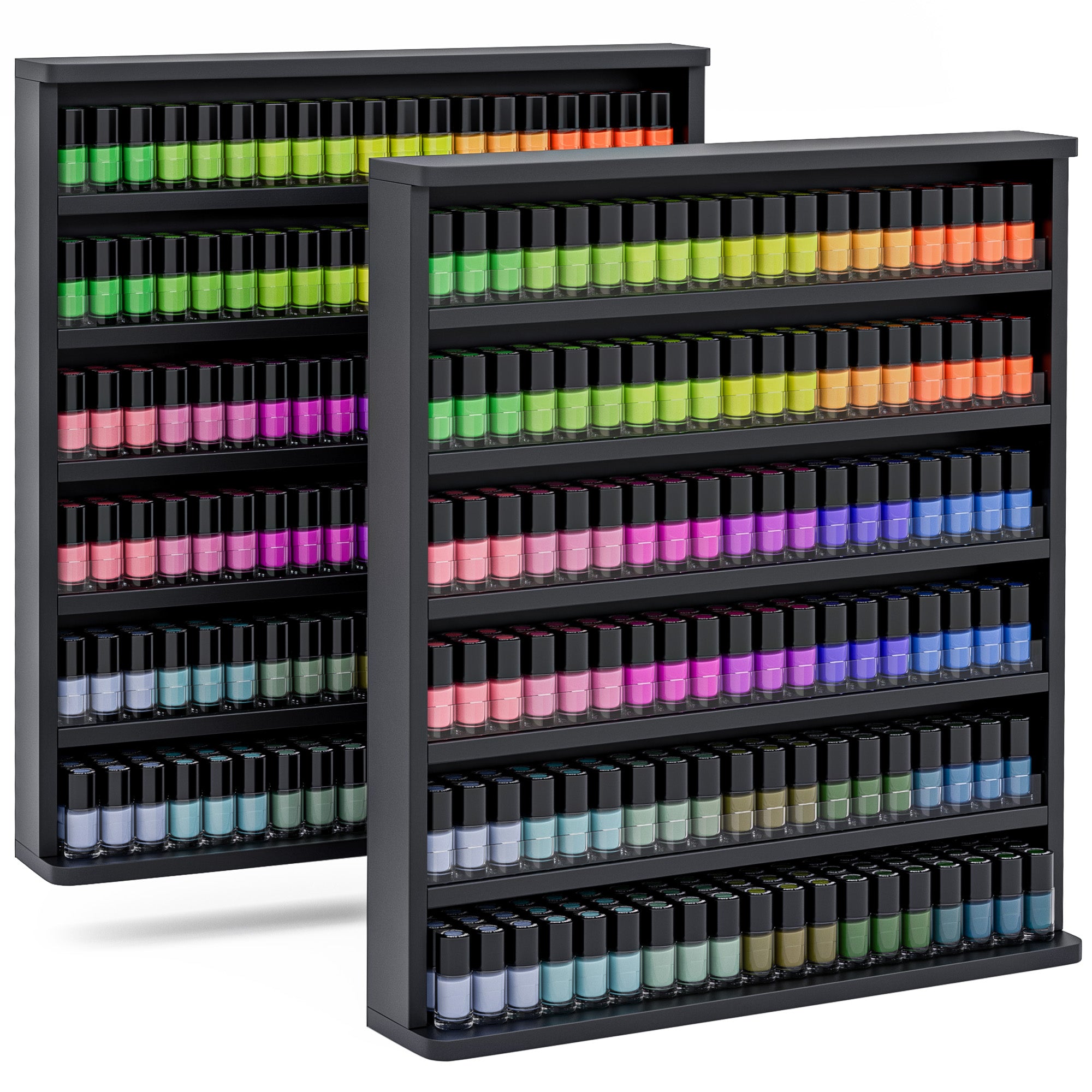 Two black nail polish shelves with a variety of colorful nail polishes on a white background