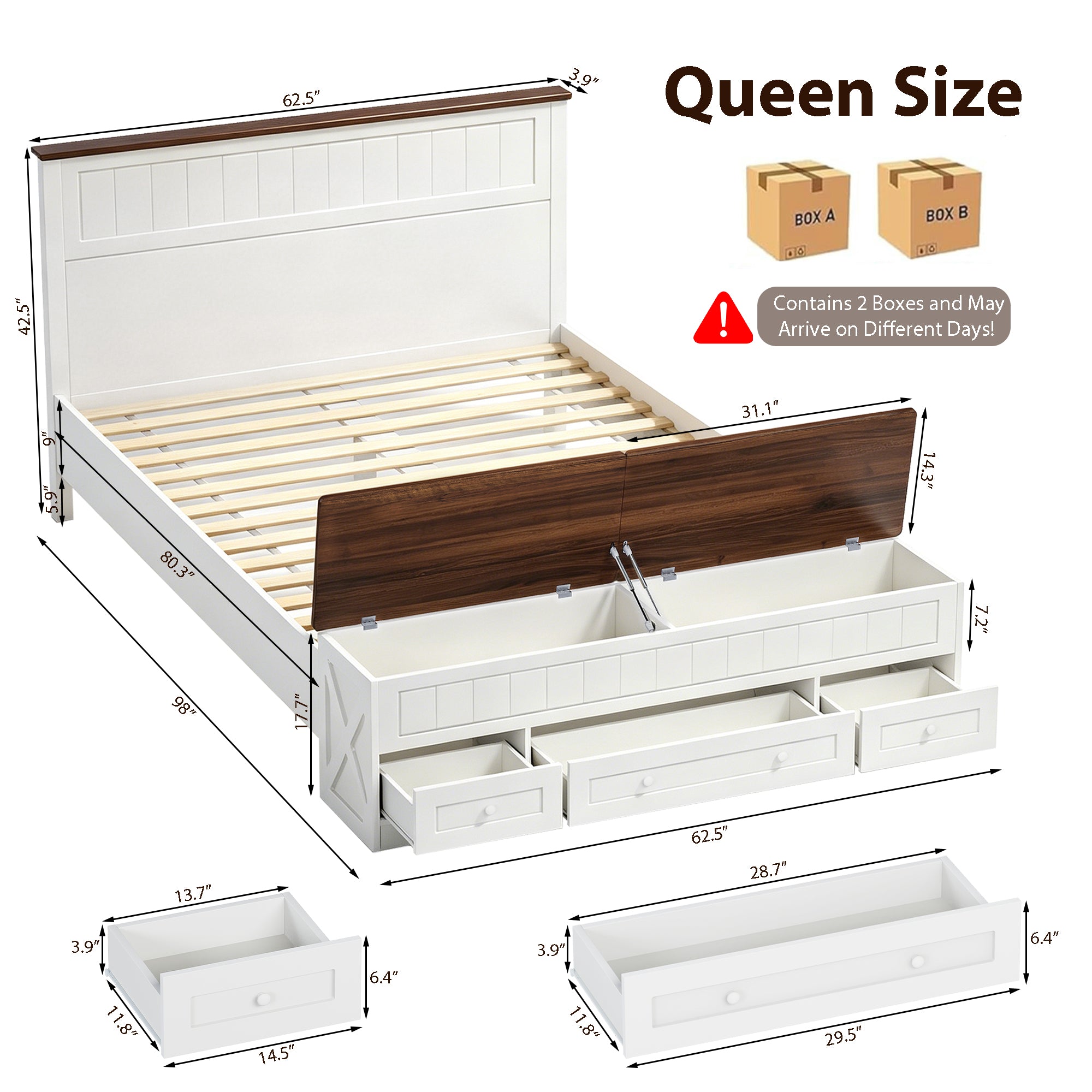 Advwin Queen Farmhouse Bed w/ Headboard & Storage Bench