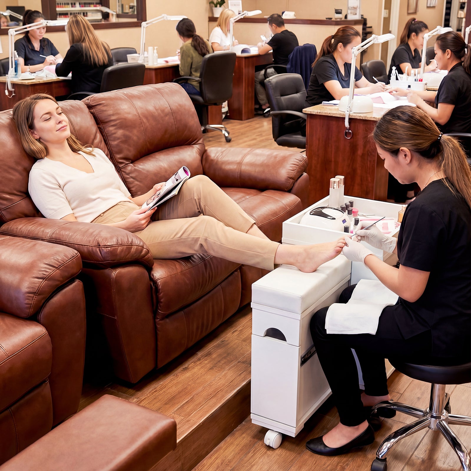 Woman getting a manicure in a nail salon with another woman reading a magazine on a brown leather couch.
