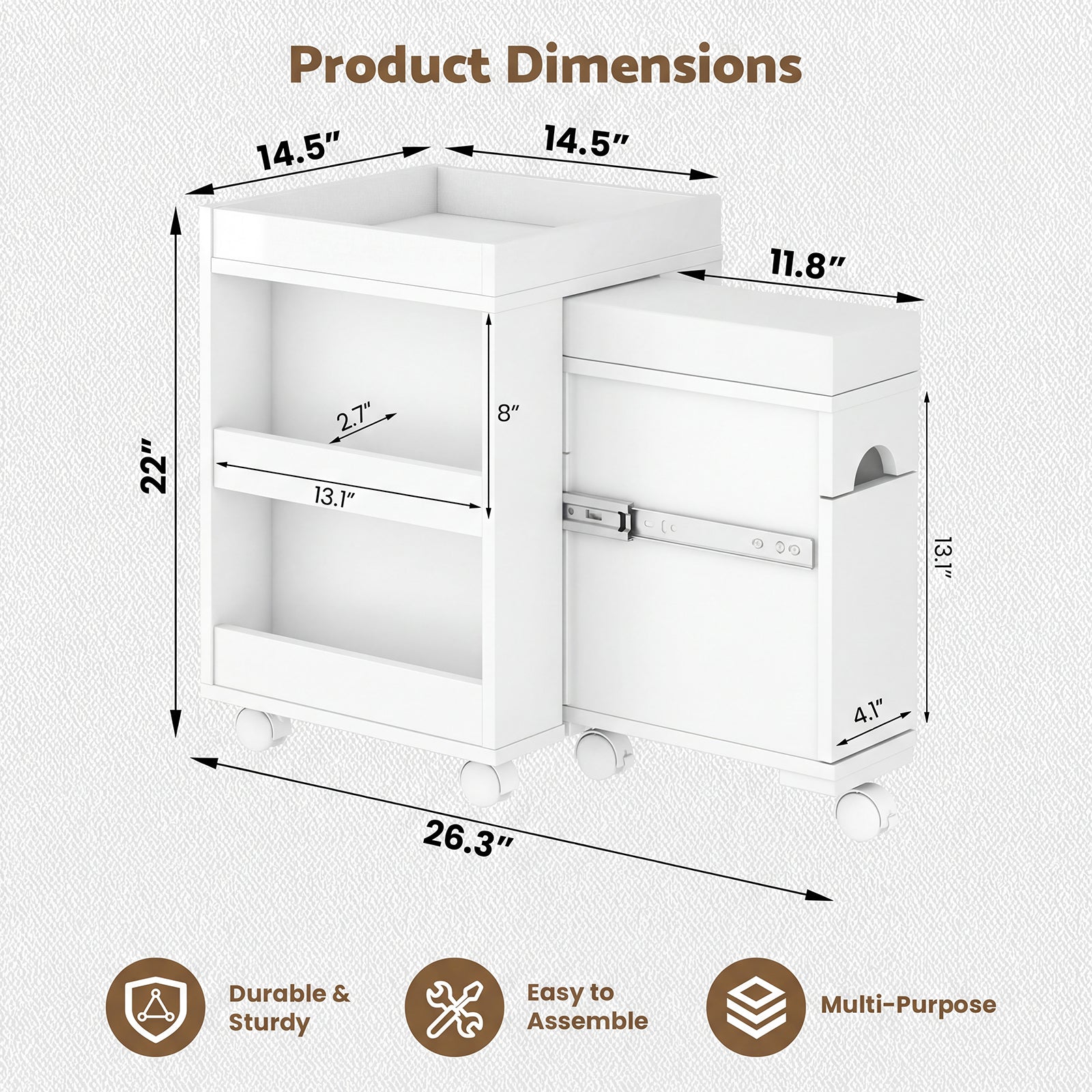 Dimensions of a white corner shelf with text indicating durability, ease of assembly, and multipurpose use.