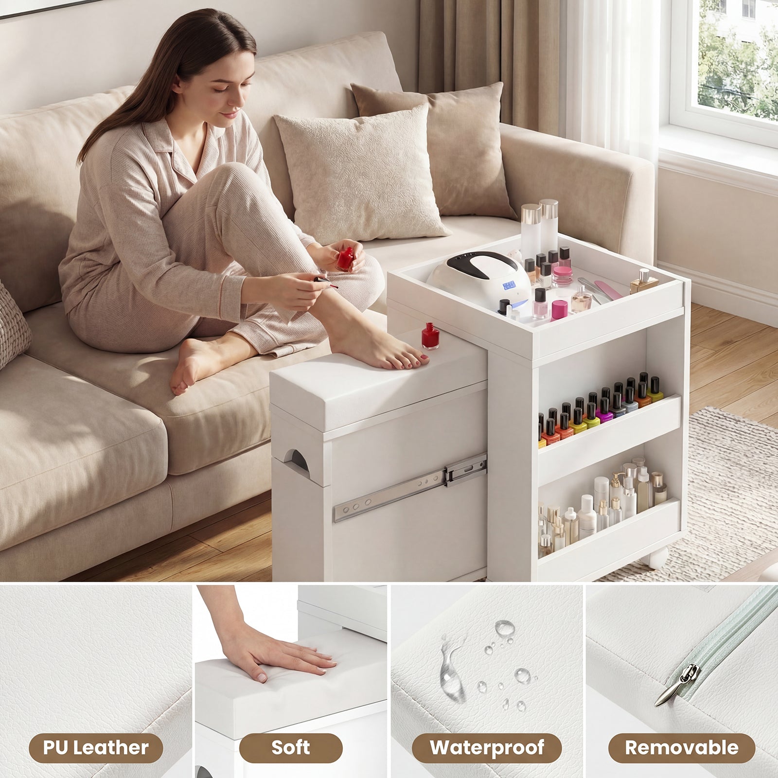 Woman getting a pedicure in a home setting with a nail care cart.