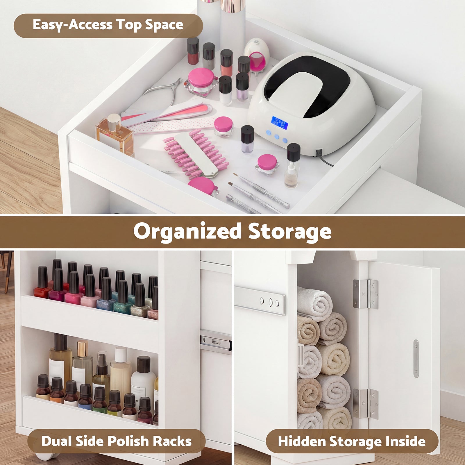 Collage of a nail station with storage solutions, including a top space, dual side polish racks, and hidden storage.