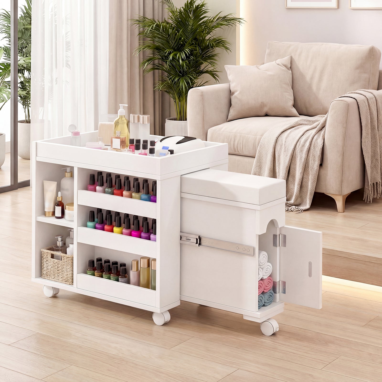 White rolling cart with nail polish and tools in a living room setting