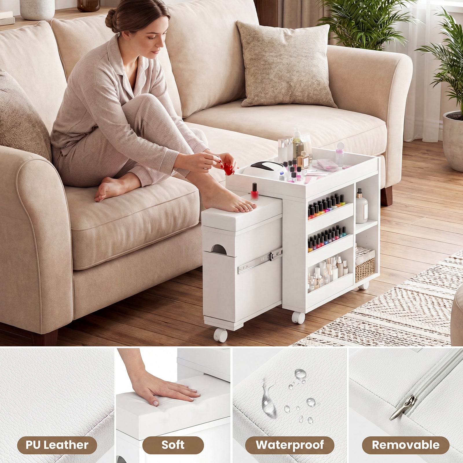 Woman sitting on a beige sofa with a nail art station on a white coffee table in a living room.