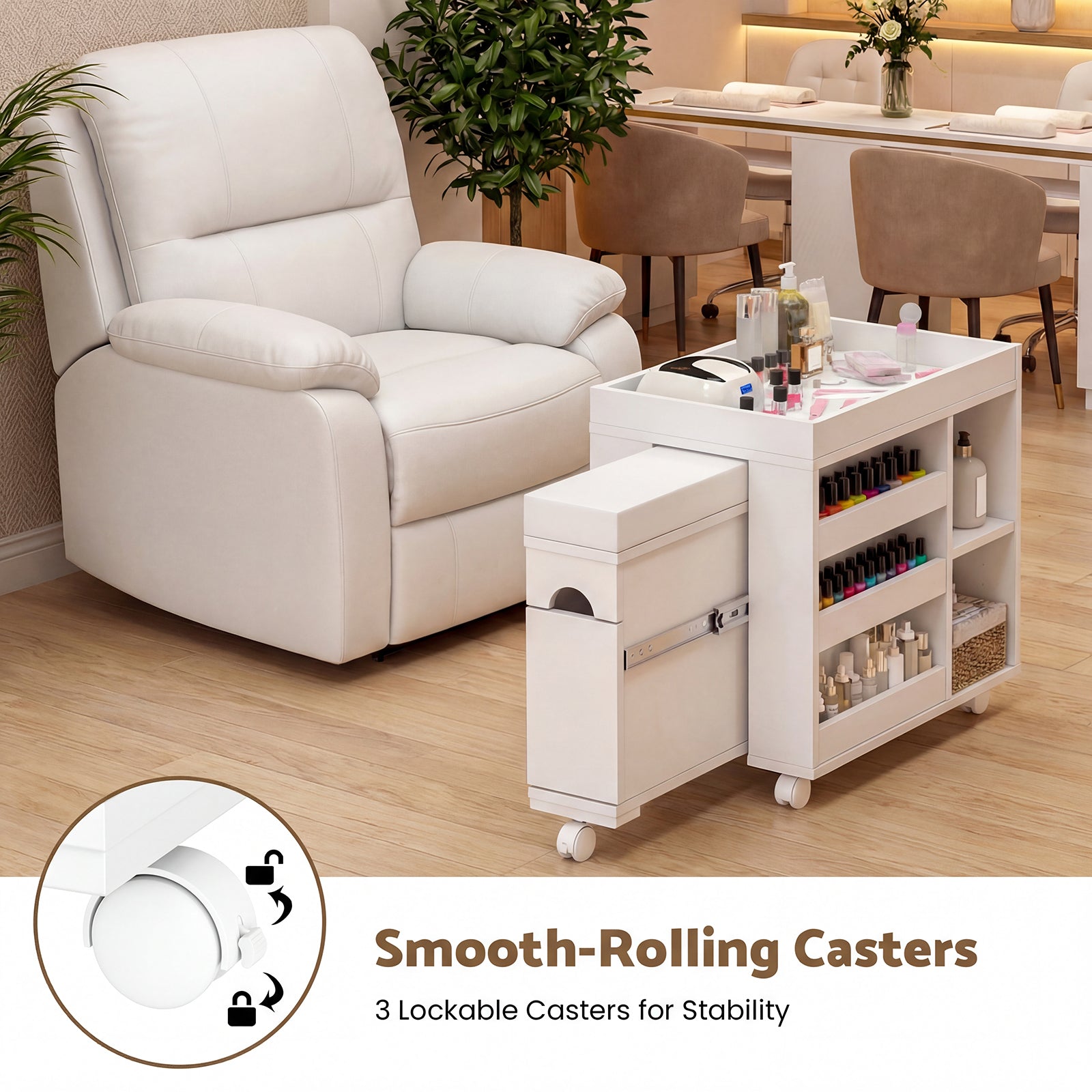 White recliner chair with a rolling cart in a living room setting, featuring lockable casters.
