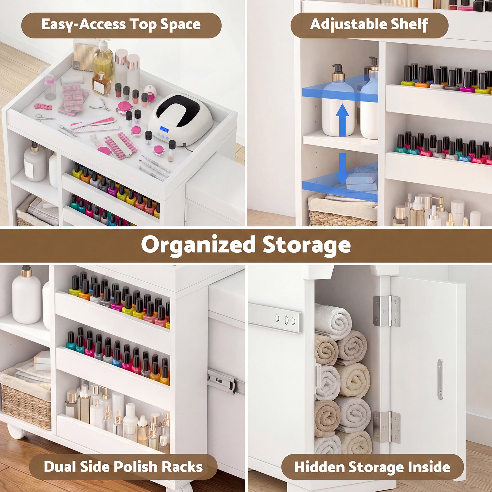 Nail art station with organized storage features including easy-access top space, adjustable shelf, dual side polish racks, and hidden storage inside.