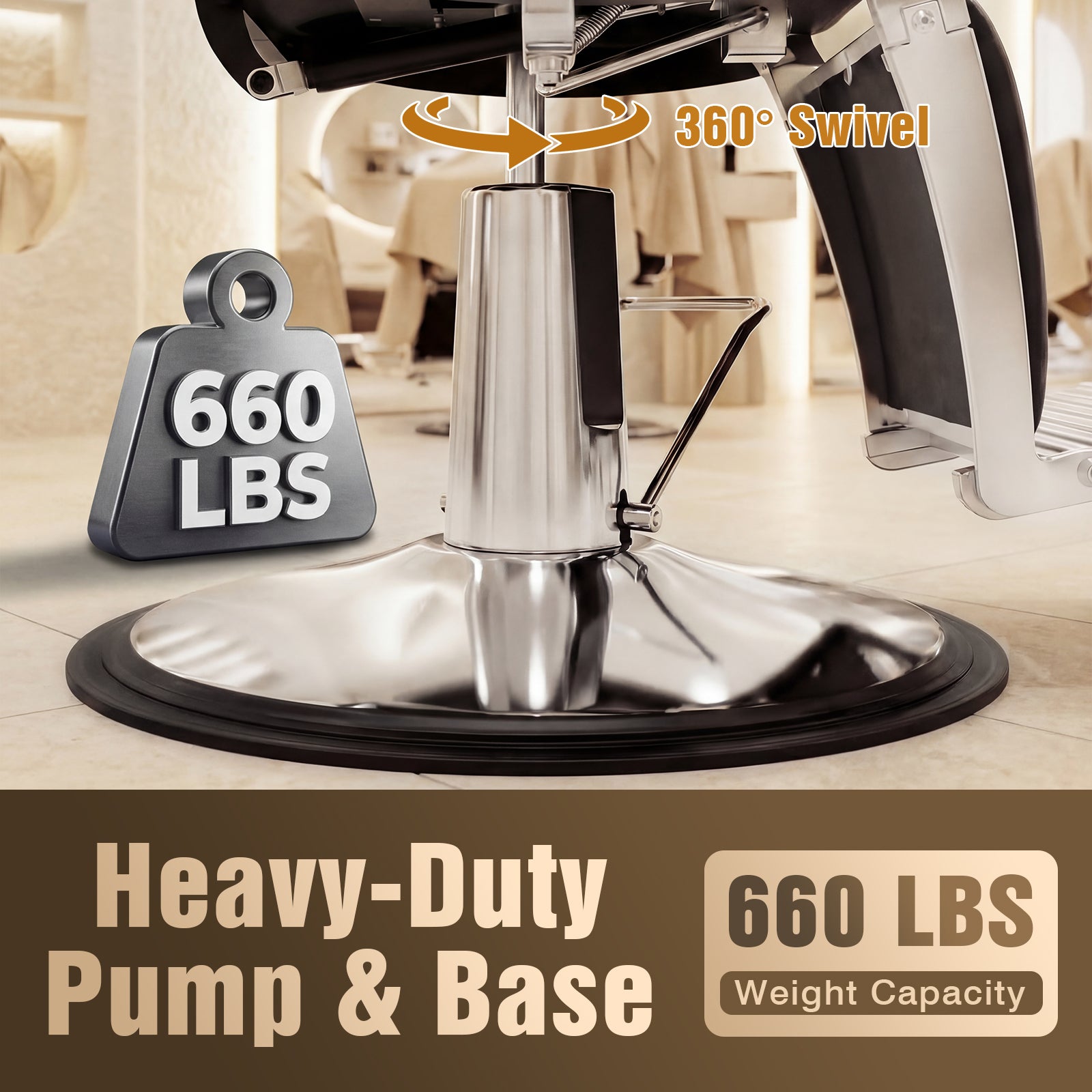 Heavy-duty pump and base with 660 lbs weight capacity, featuring a 360-degree swivel mechanism.