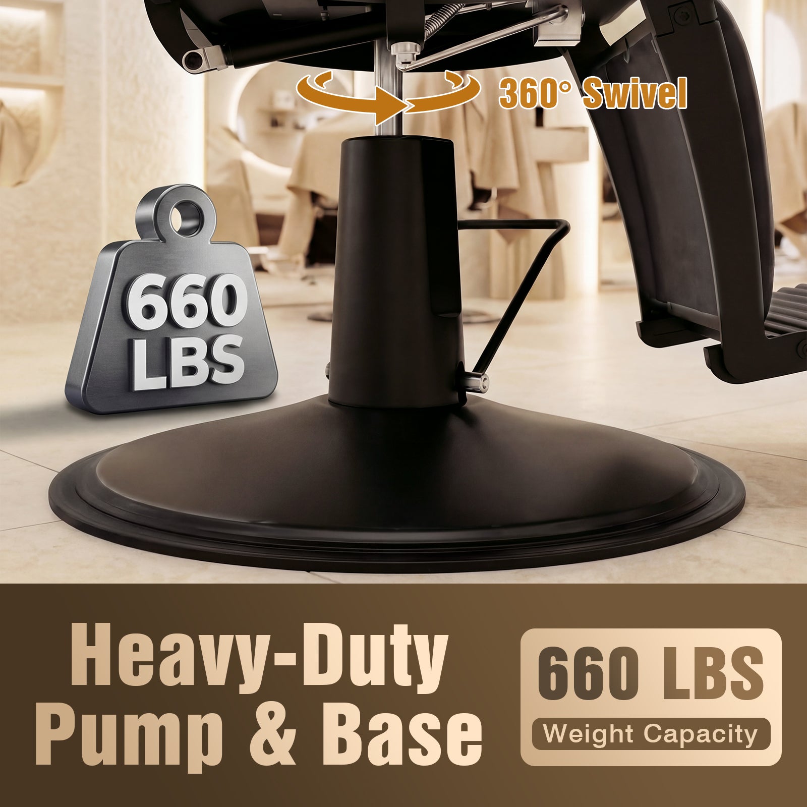 Heavy-duty pump and base with 660 lbs weight capacity, featuring a 360-degree swivel feature.