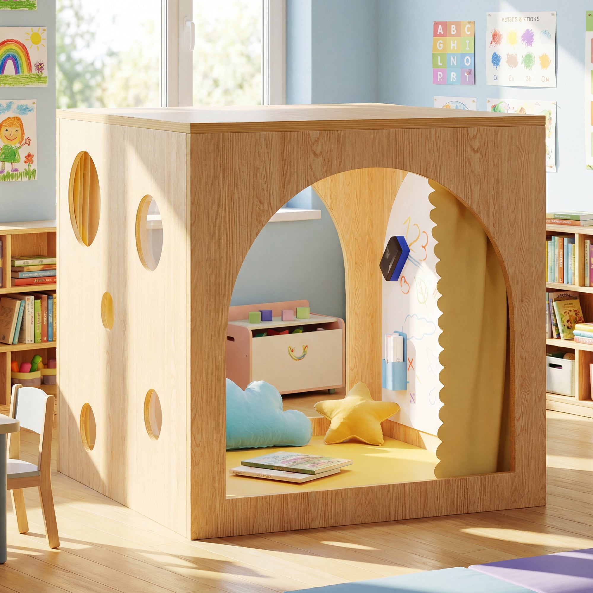 Wooden playhouse with circular cutouts in a child's room with books and toys.