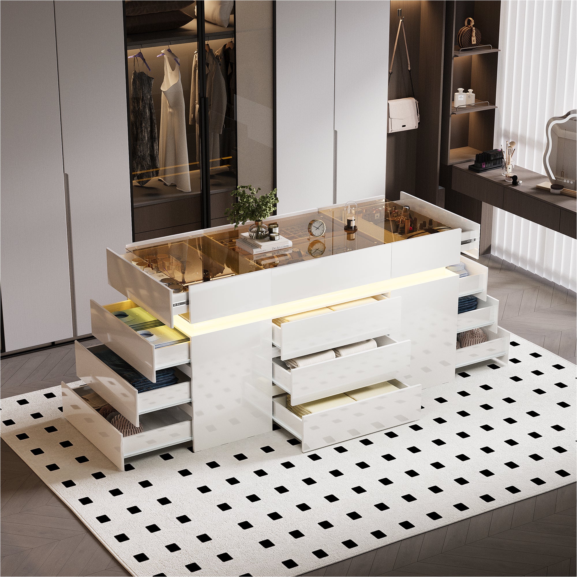 Modern bedroom with a large white dresser featuring multiple drawers and open compartments.