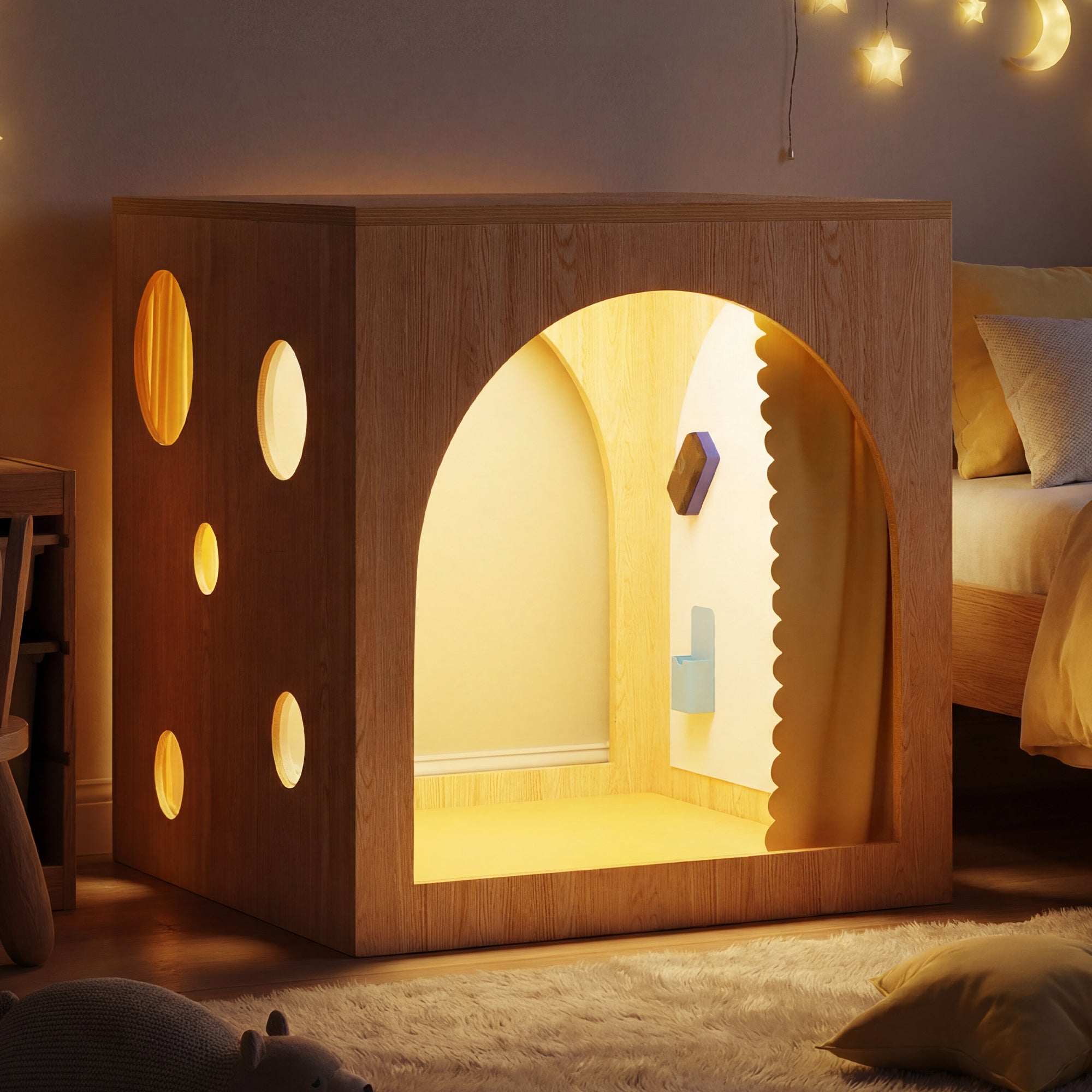 Wooden pet den with glowing interior in a cozy bedroom setting
