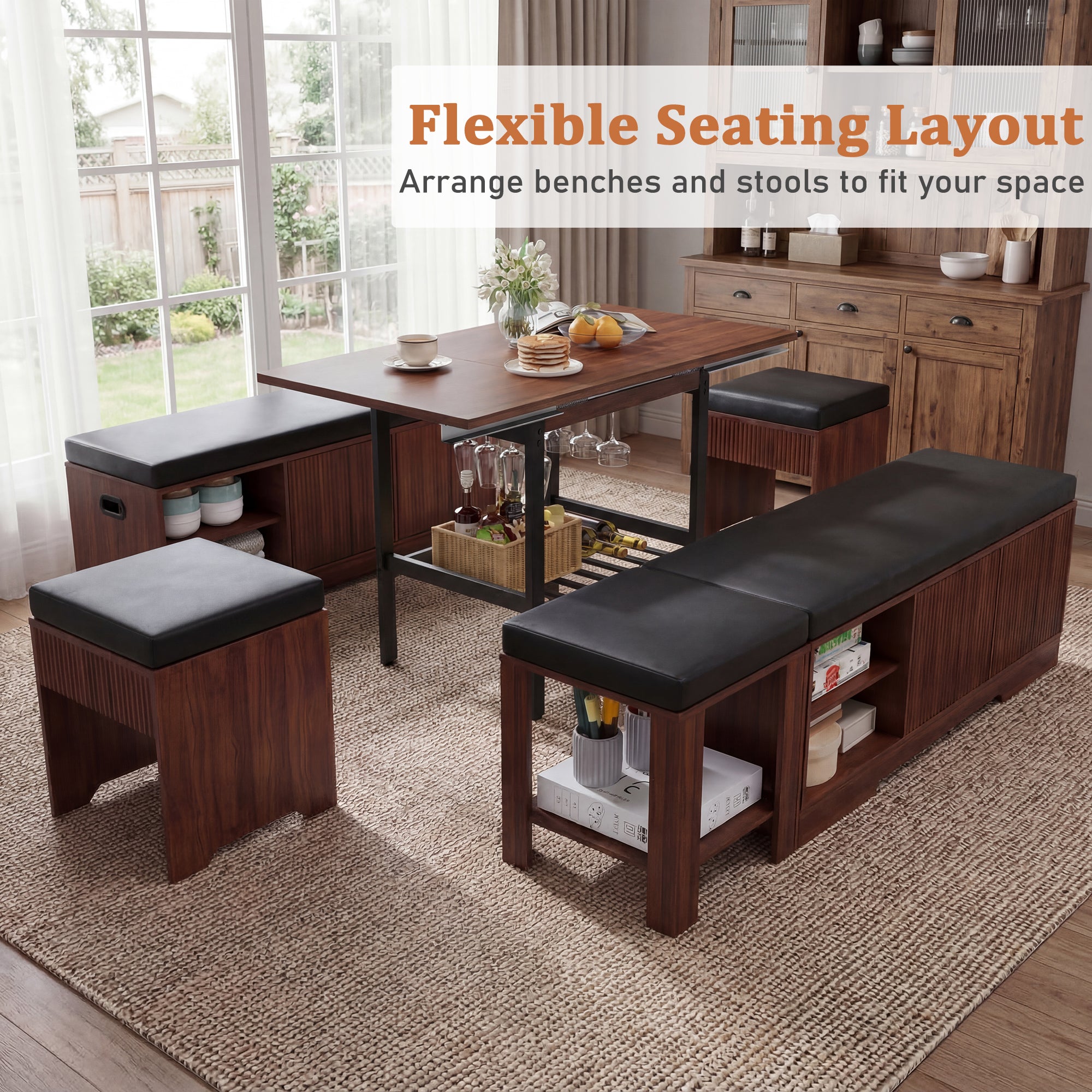 Dining area with wooden benches and stools arranged around a table, with text 'Flexible Seating Layout'.
