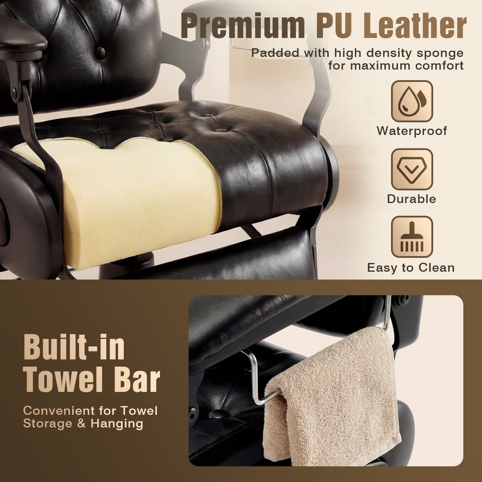 Black leather chair with a built-in towel bar and features highlighted on a beige background