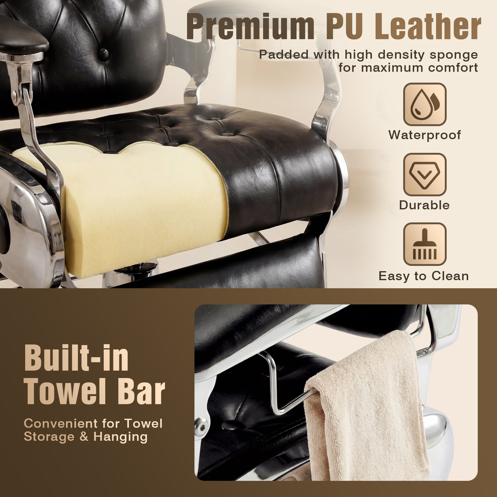 Barber chair with black leather seat and built-in towel bar, featuring text on premium PU leather and towel bar features.
