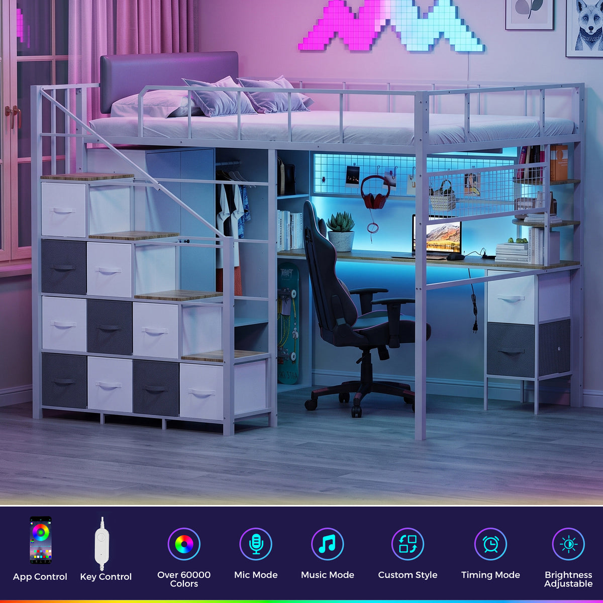 Advwin Space-Saving Loft Bed with LED Light & Drawers